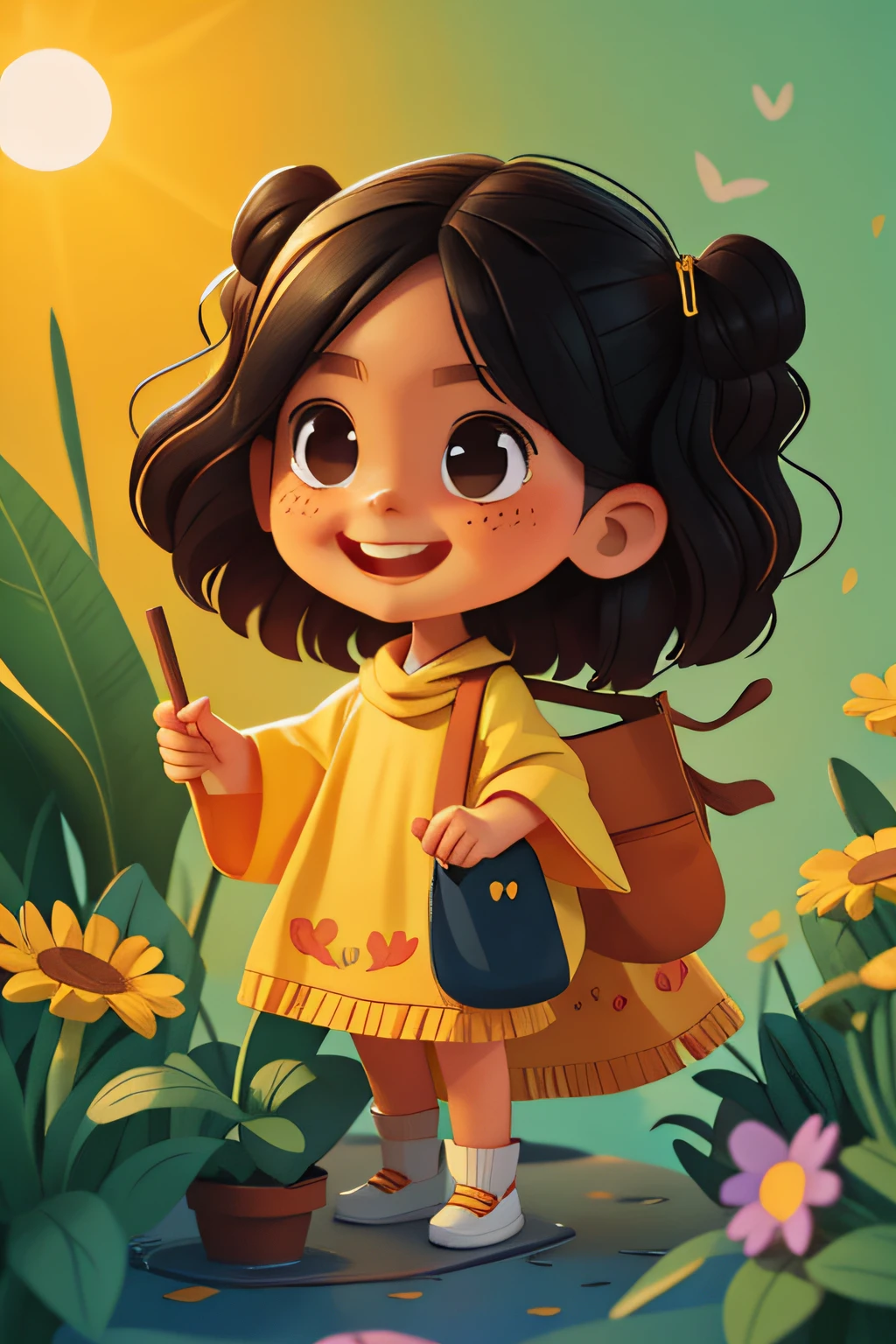 Children's art graphic novel, Very cute, Caricature, Wear a long sun-covered colored poncho,With plant pin, determined expression, Furrowed eyebrows, confident smile, and a slightly raised nose, ready for action. She has long black hair,By bangs,Cheek moles, Black eyes and cheerful smile. SHe carries a bag with some gadgets. Soft atmospheric lighting, A warm and inviting color palette. Whole body