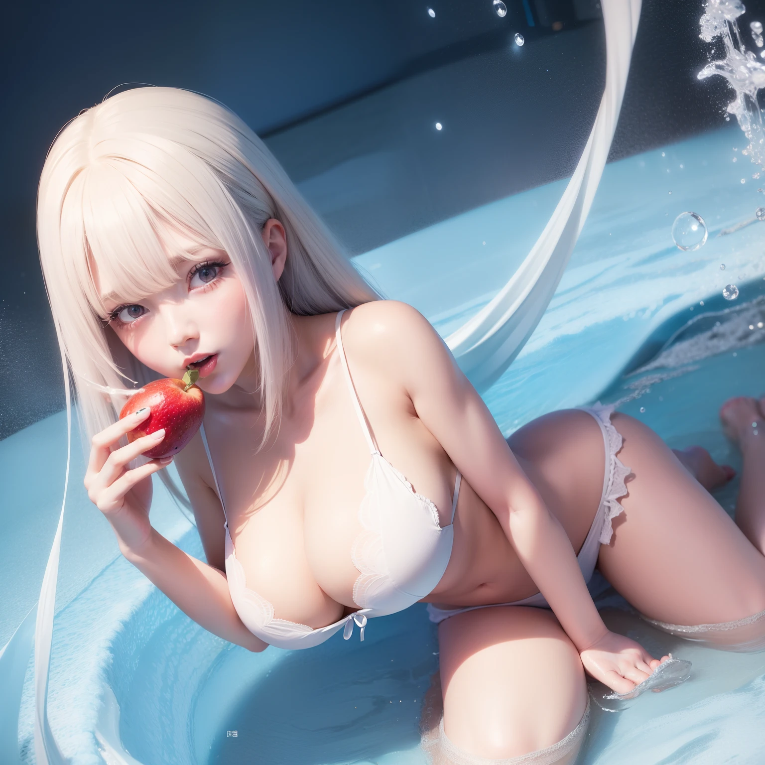 high image, super detail, high resolution, anime, manga, illustration, eating fruit with a mouthful, intelligent beauty, cute face, make up, ecstatic expression, amorous expression, seductive look, flowing layered messy white glossy medium short wavy hair, speed line, sparkling blue big eyes, alluring moist red lips, huge breasts, under boob, side boob, great proportion, perfect proportions, slender, full body