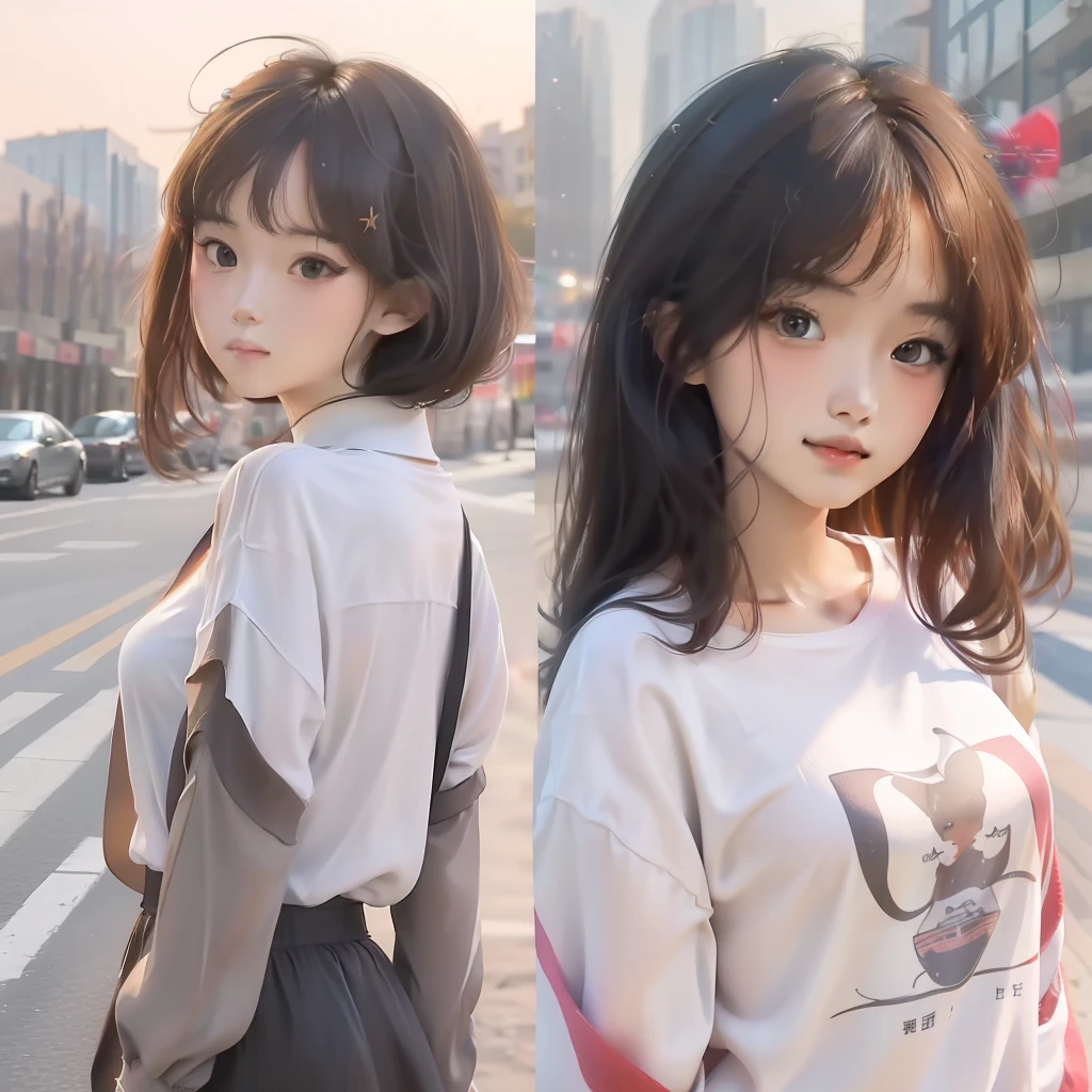 ((masterpiece)),(((best quality))),(character design sheet, same character, front, side, back), illustration, 1 girl, hair color, bangs, hairstyle fax, eyes, environment change scene, Hairstyle Fax, Pose Zitai, Female, Shirt Shangyi, Star, Charturnbetalora, (simple background, white background: 1.3), --6