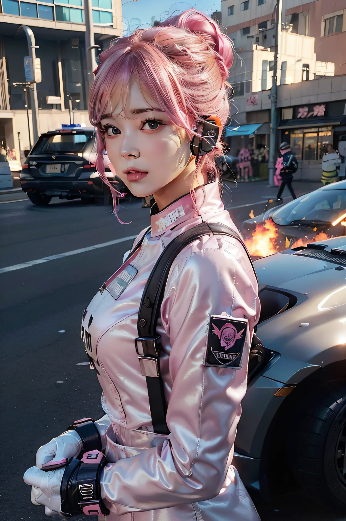 Top Quality, Ultra High Definition, (backlight), (Photorealistic: 1.4), (Pink updo Hair: 1.3), 1 Girl, (Kpop Idol), Detailed Face, Contrapposto, Smooth Skin, Perfect Anatomy, Cityscape, Professional Lighting, ((wearing Futuristic Racing Suits like Police uniform, police wappen, High-tech Headset, military harness, racing gloves, machinegun)), ("POLICE", pink hair,), (background, (Audience Coming close), daylight, crashed cars, fire, (Explosion),