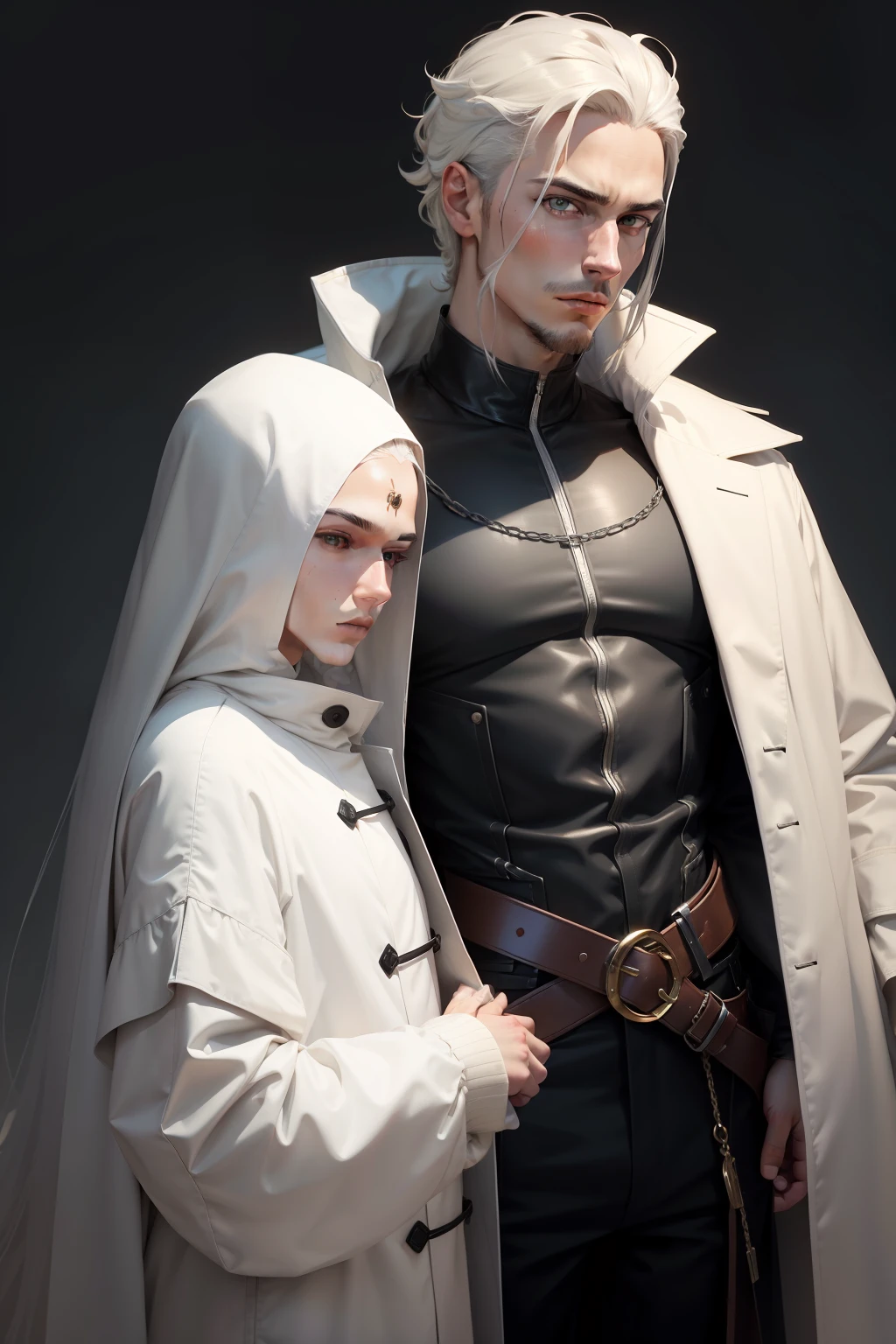 1male people,Need,tmasterpiece,whaite hair,Black eyes,Manteau blanc,full bodyesbian,Hairline,Fair skin,horse tailed