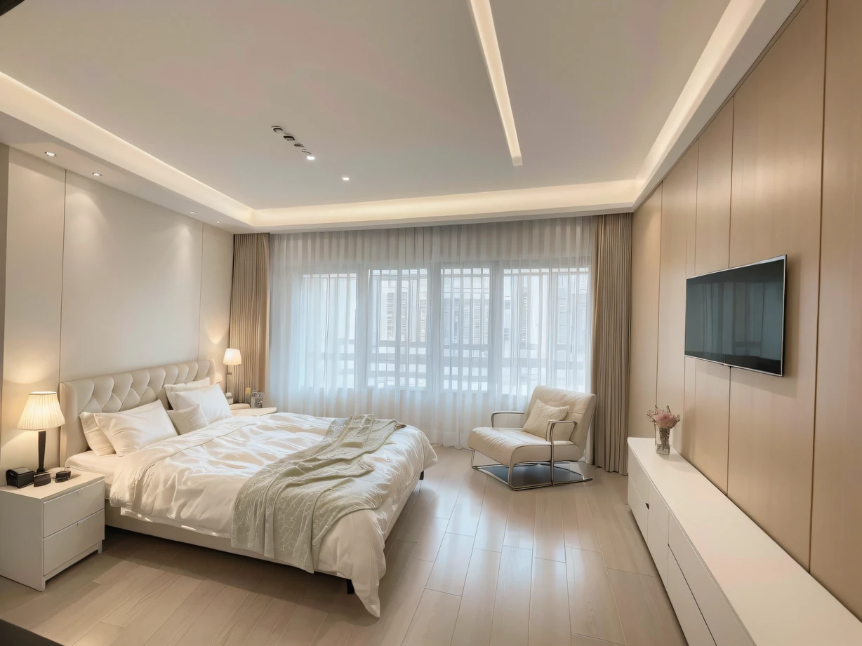 ，masterpiece, best quality，8k, ultra highres，Step into this dream bedroom，It's like entering a fantasy kingdom。Huge round bed，Surrounded by delicate velor sheets and down duvets，It's like floating on a cloud，It gives people the ultimate soft enjoyment。The walls around the bedroom are inlaid with smart light sources，Colorful lights shine to the rhythm of the music，Unleash an intoxicating atmosphere in a romantic atmosphere。Turn on the video wall，Pop up the hidden speaker，Create immersive immersion，Let your dreams merge with reality。
