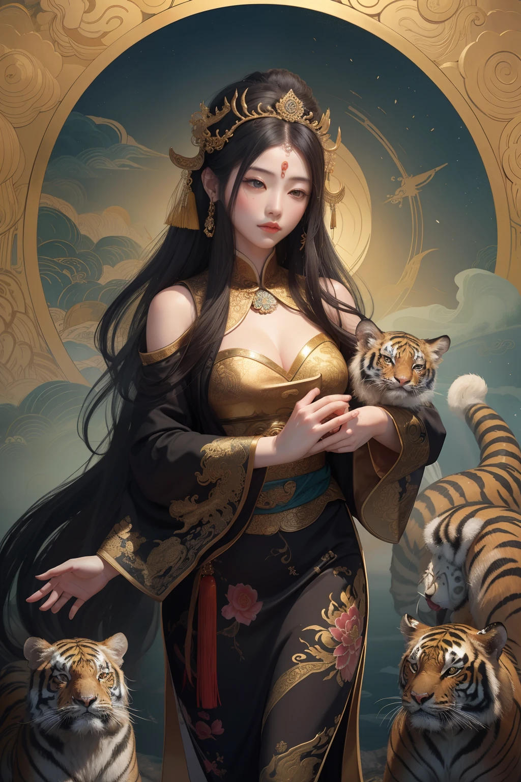 an ancient Chinese goddess, guanyin of the southern seas, Guanyin, Inspired by China, Avalokiteshvara rides a tiger，,Serene expression,shui mo hua,Buddha,Buddhist,Lotus,Chinese painting style,Thangka style