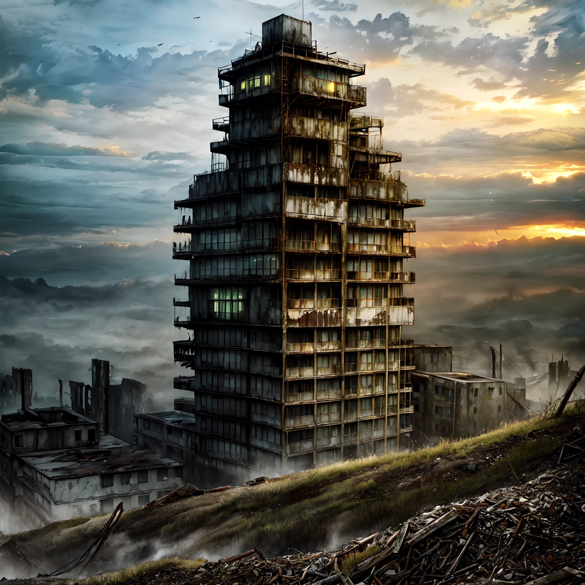 absurdres, highres, ultra detailed, realistic ,8K, (best quality, masterpiece:1.2), (Photorealistic:1.2) (wide shot), no human , Near future, dystopia BREAK
background of rusted iron and decaying city. A mossy, abandoned city that is hundreds of years old,
Effects, blinding light and psychedelic noise with dancing black smoke,