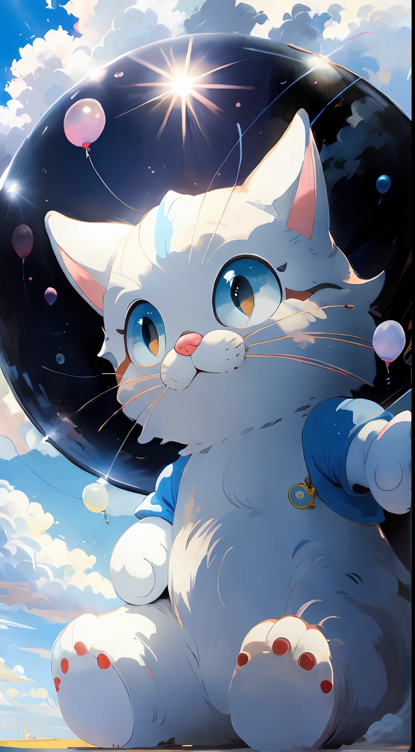 best qualtiy, tmasterpiece, A detailed:1.4, Doraemon, Holding a love balloon, The background is blue sky and white clouds。