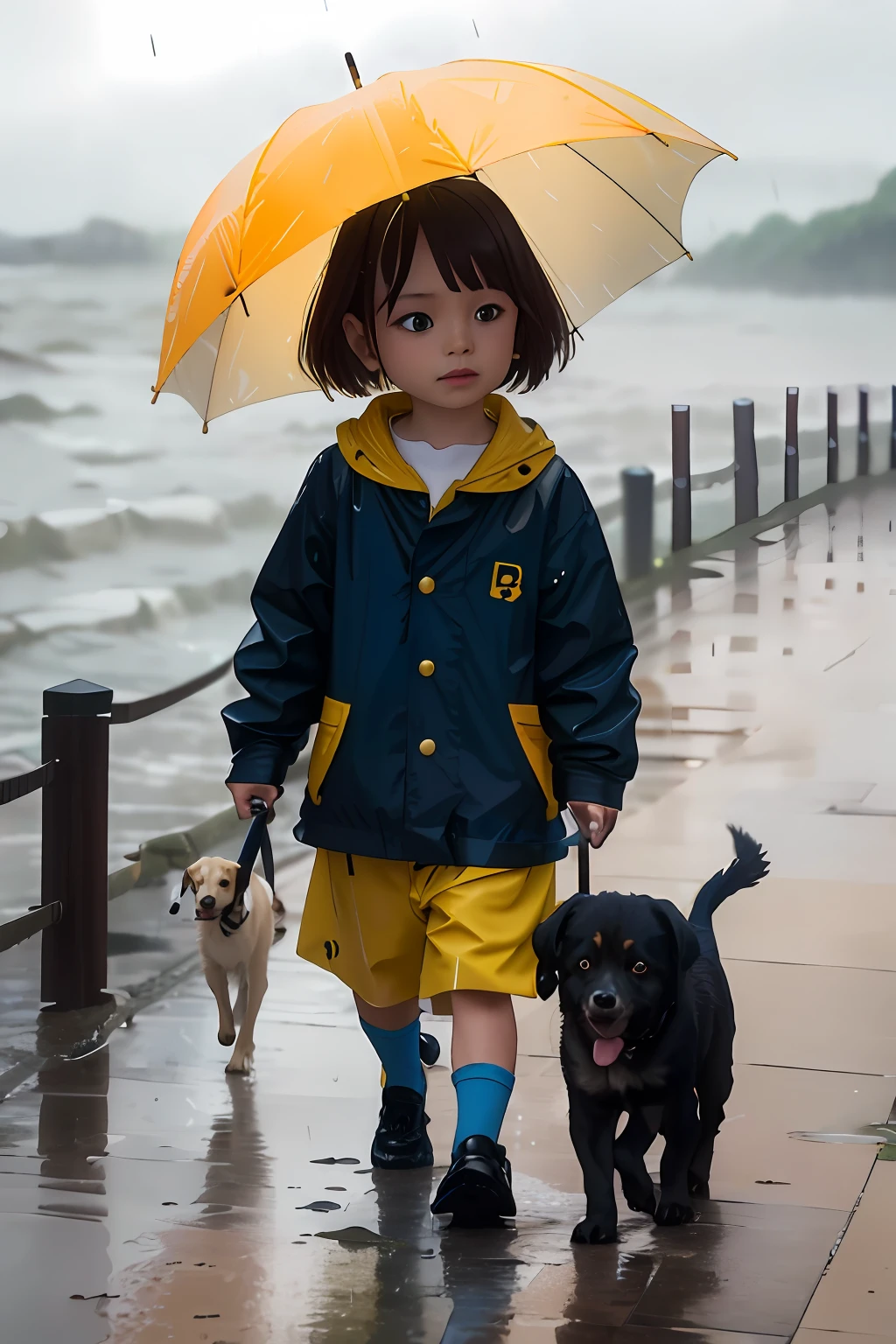 Arad little girl walking with dog and umbrella on a rainy day, girl in raincoat, raining portrait, Yellow raincoat, On a rainy day, In the rain, Color ( sony a 7 r iv, Puddles, rainy days, author：by Hiroshi Honda, rain puddles, Photo taken with Sony A7R, Rainy afternoon, Rainy weather