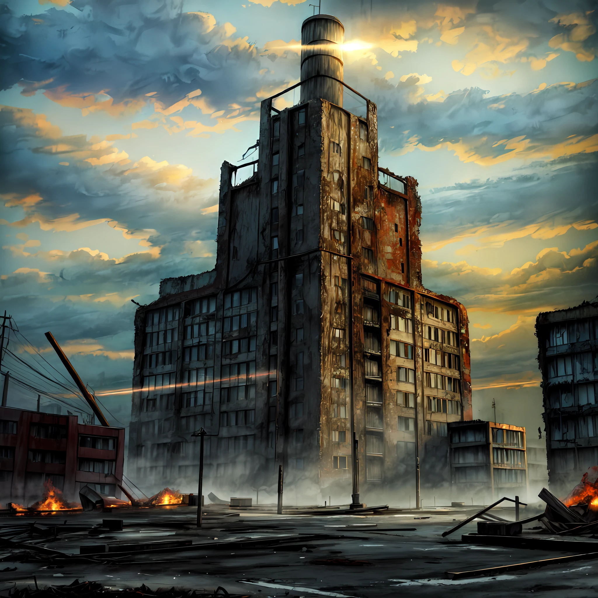 absurdres, highres, ultra detailed, realistic ,8K, (best quality, masterpiece:1.2), (Photorealistic:1.2) (wide shot), no human , Near future, dystopia BREAK
background of rusted iron and decaying city. A mossy, abandoned city that is hundreds of years old,
Effects, blinding light and psychedelic noise with dancing black smoke,