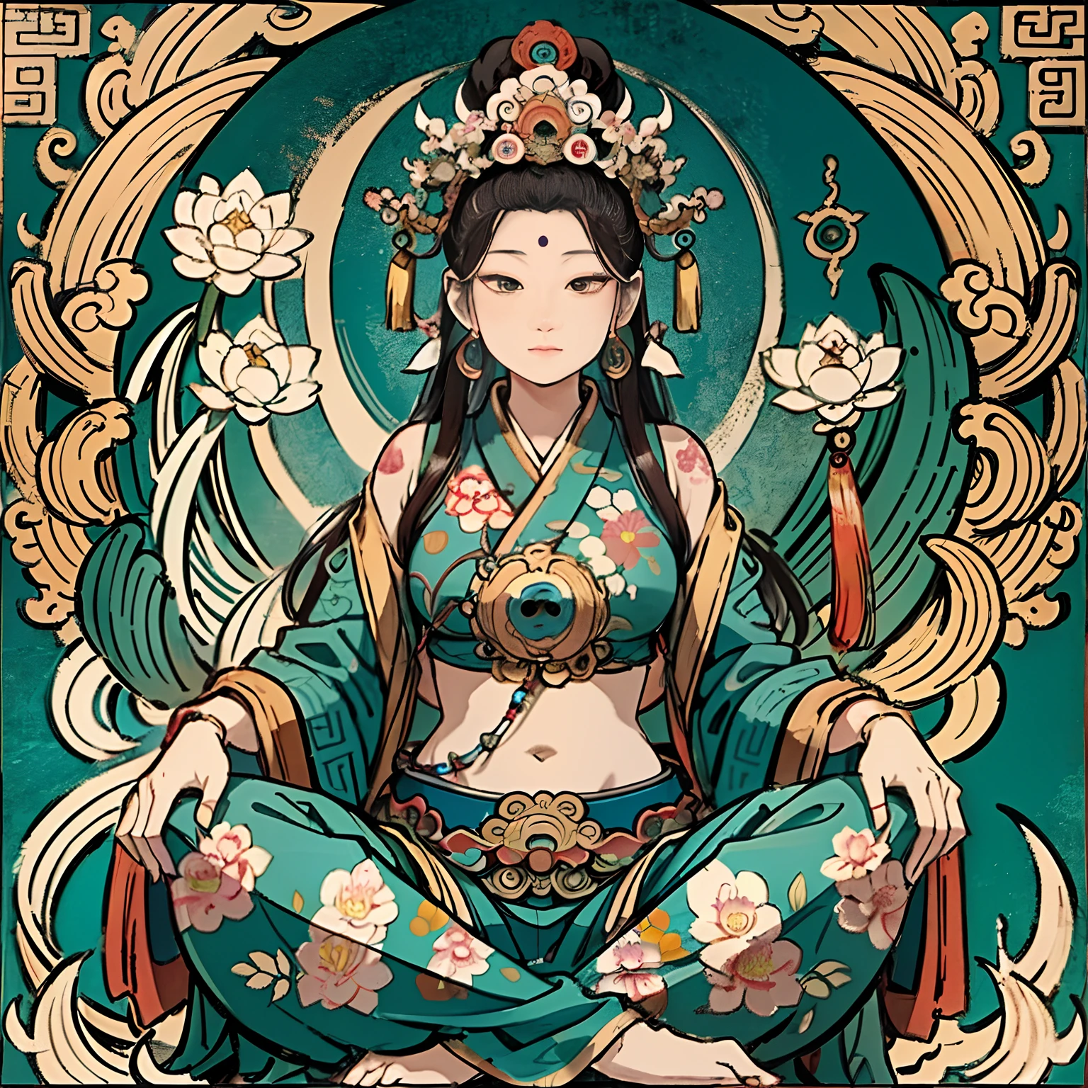 an ancient Chinese goddess, guanyin of the southern seas, Guanyin, Inspired by India, Avalokiteshvara Bodhisattva Lion,,Serene expression,shui mo hua,Buddha,Buddhist,Lotus,Chinese painting style,Thangka style