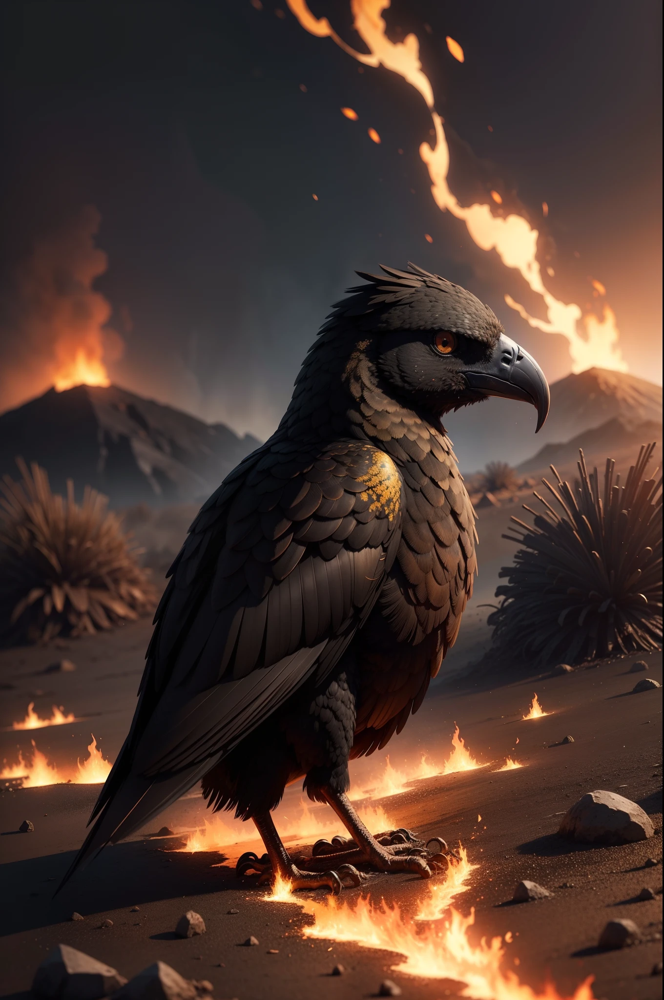 Scorched black cracked earth,Flames gushed,Gloomy sky,Golden-feathered birds circling