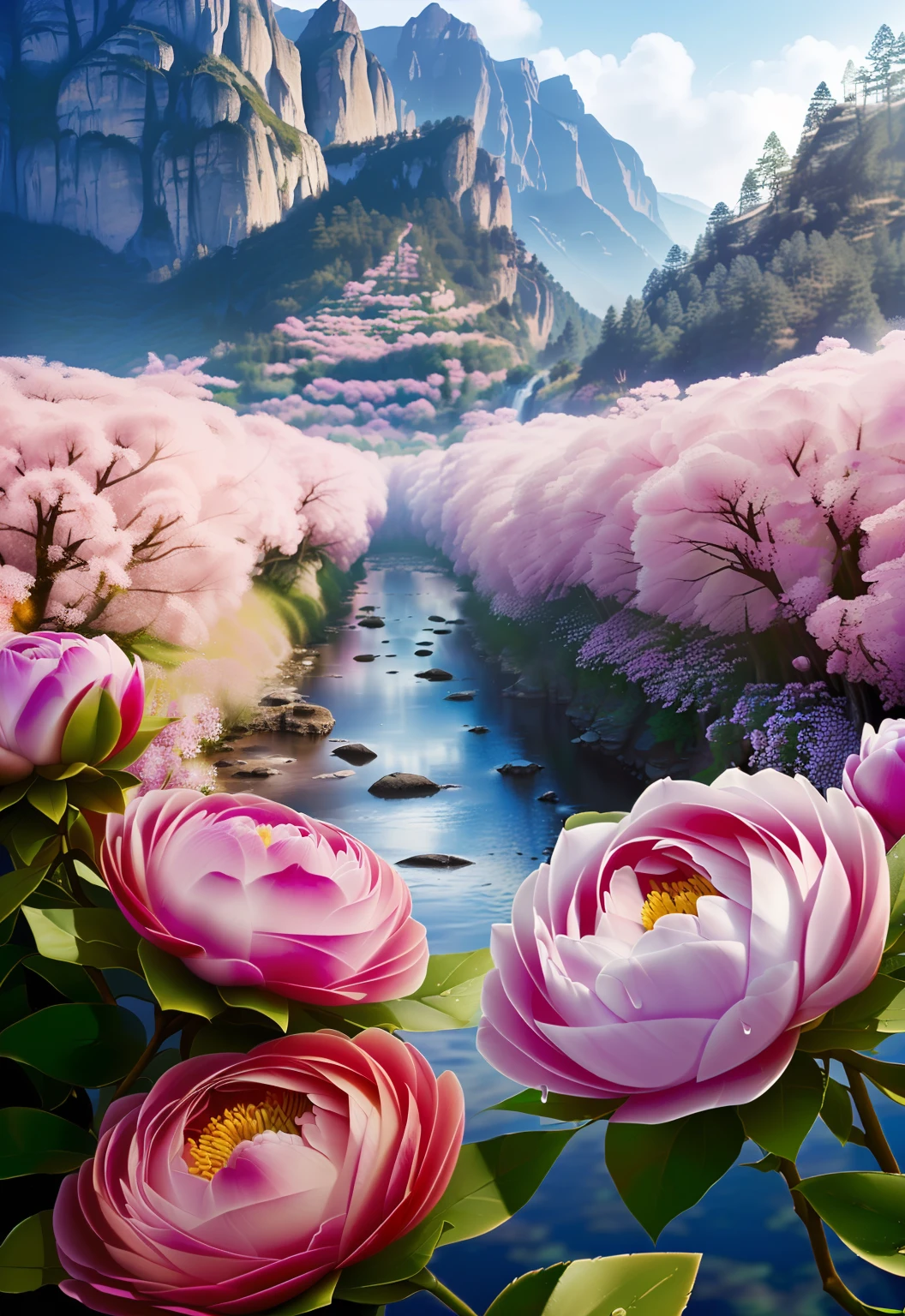 Peony blooming flowers,Tracing style in Vray,fanciful,dreamlike imagery,Fantastic nature,Dmitry Spyros,UHD image,drippy,Realistic and ethereal,great outdoors,Real peony flowers,With water droplets,Hyper Real,In the mountains,beautful view,(jiayi:1.5), closeup cleavage, tmasterpiece, best qualtiy, RAW photogr, Incredibly Ridiculous res, depth of fields, A high resolution, ultra - detailed, finedetail, The is very detailed,tack sharp focus, cinmatic lighting