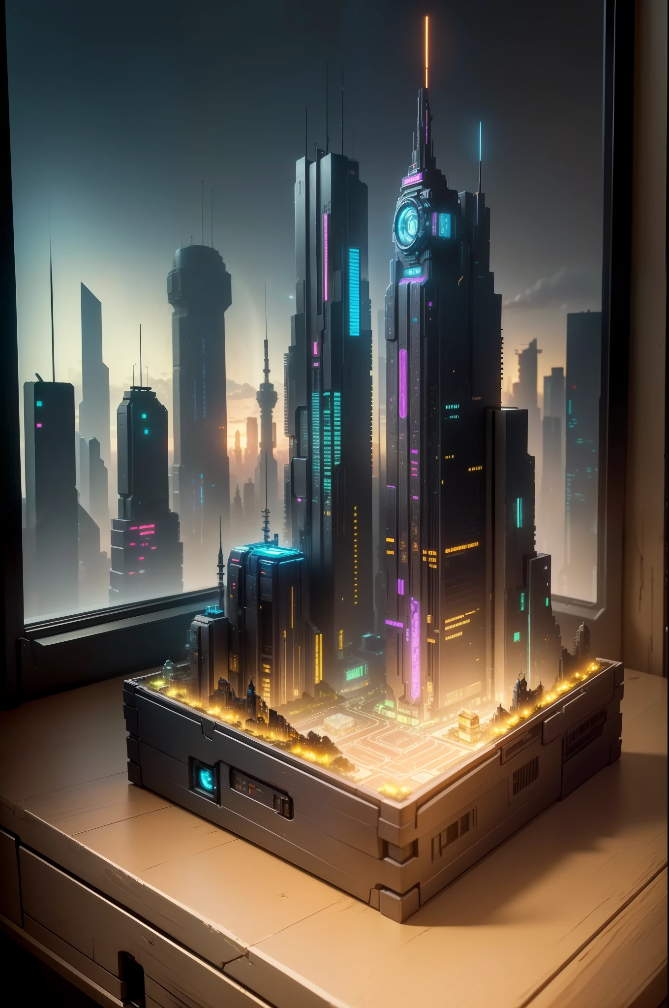 mini\(ttp\), (8k, RAW photo, best quality, masterpiece:1.4),steampunkcyberpunk city,(cyberpunk light:1.3),on desk,horizon (related to land),(in a miniature box:1.3),isometric, miniature, landscape on foundation,landscape,