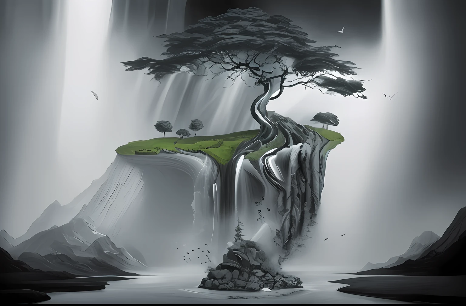 Draw a waterfall，There is a tree on it, 4 k surrealism, Surreal art, hyper-realistic illustration, Superrealisticart, illusion surreal art, surreal dark art, surreal concept art, fantasy surrealism, dark surreal art, surrealist conceptual art, style of surrealism, surrealism painting, surreal design, surrealistic digital artwork, Emotional surrealist art, Black and white artwork