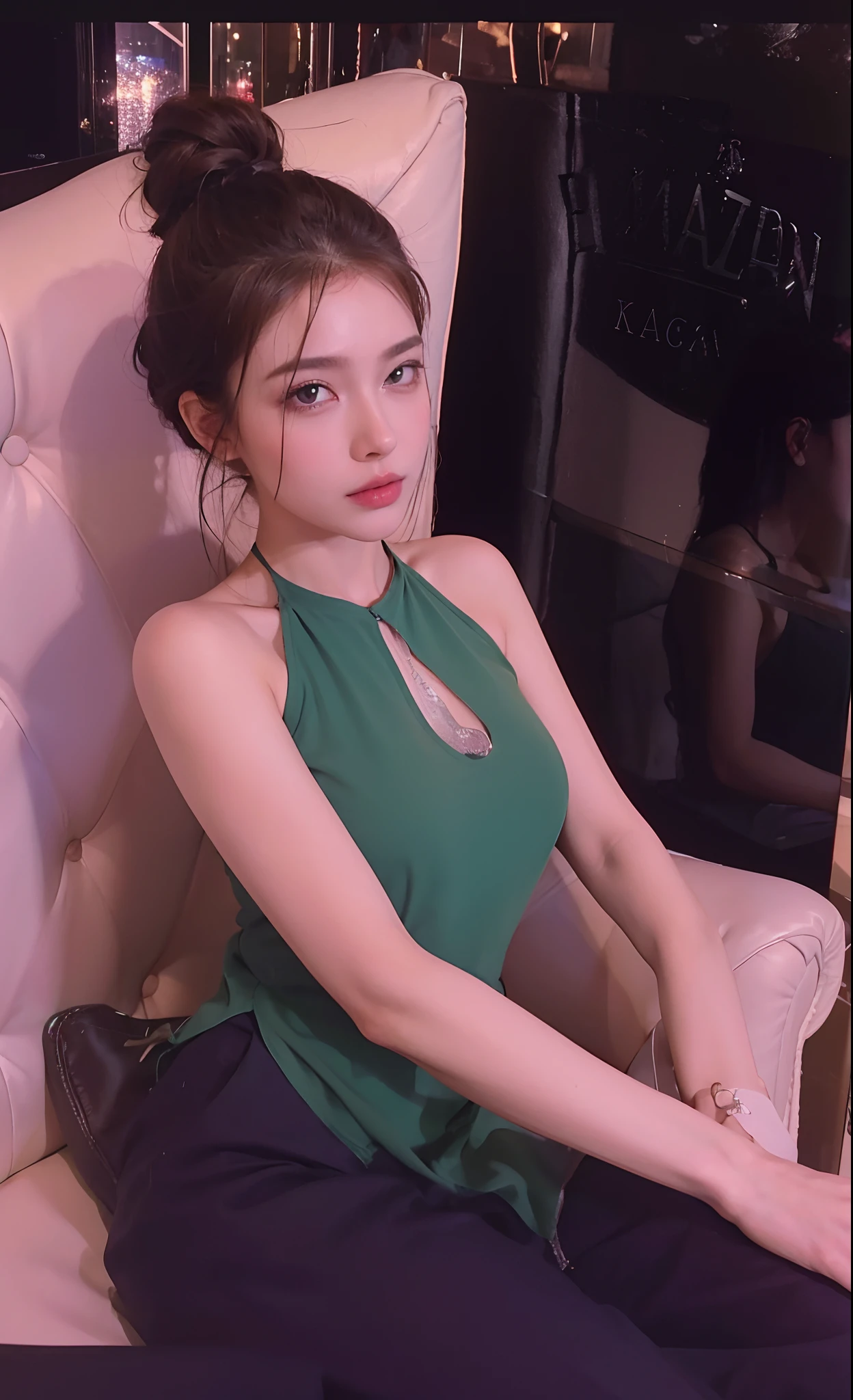 ((Realistic lighting, Best quality, 8K, Masterpiece: 1.3)), Clear focus: 1.8, 1 Pretty girl, Perfect beauty: 1.4, Slim abs: 1.1, ((dark brown hair)), exquisite facial features, white tight shirt open shirt, fantasy XIV, transparent white tight short skirts, slim figure, (indoor, Night: 1.1), hotel view, Super fine face, Fine eyes, Double eyelids,
