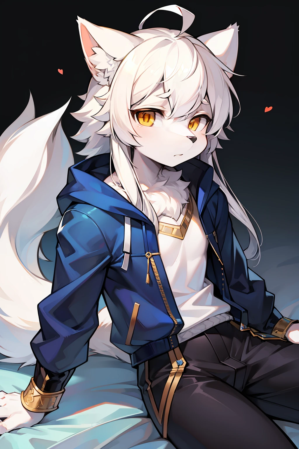 liveroom,full bodyesbian,Young Wolf,人物,tmasterpiece,Blue down jacket,Furry tail,Highest image quality,8K,Full HD background,Cartoony,adolable,komono、long trousers,male people,a plush,Furry,White fur,White body,White ears,Orange-yellow eyes,solo person, Wolf tail, Wolf ears, ((half-body portrait)),Soft lines,Soft lines of clothing