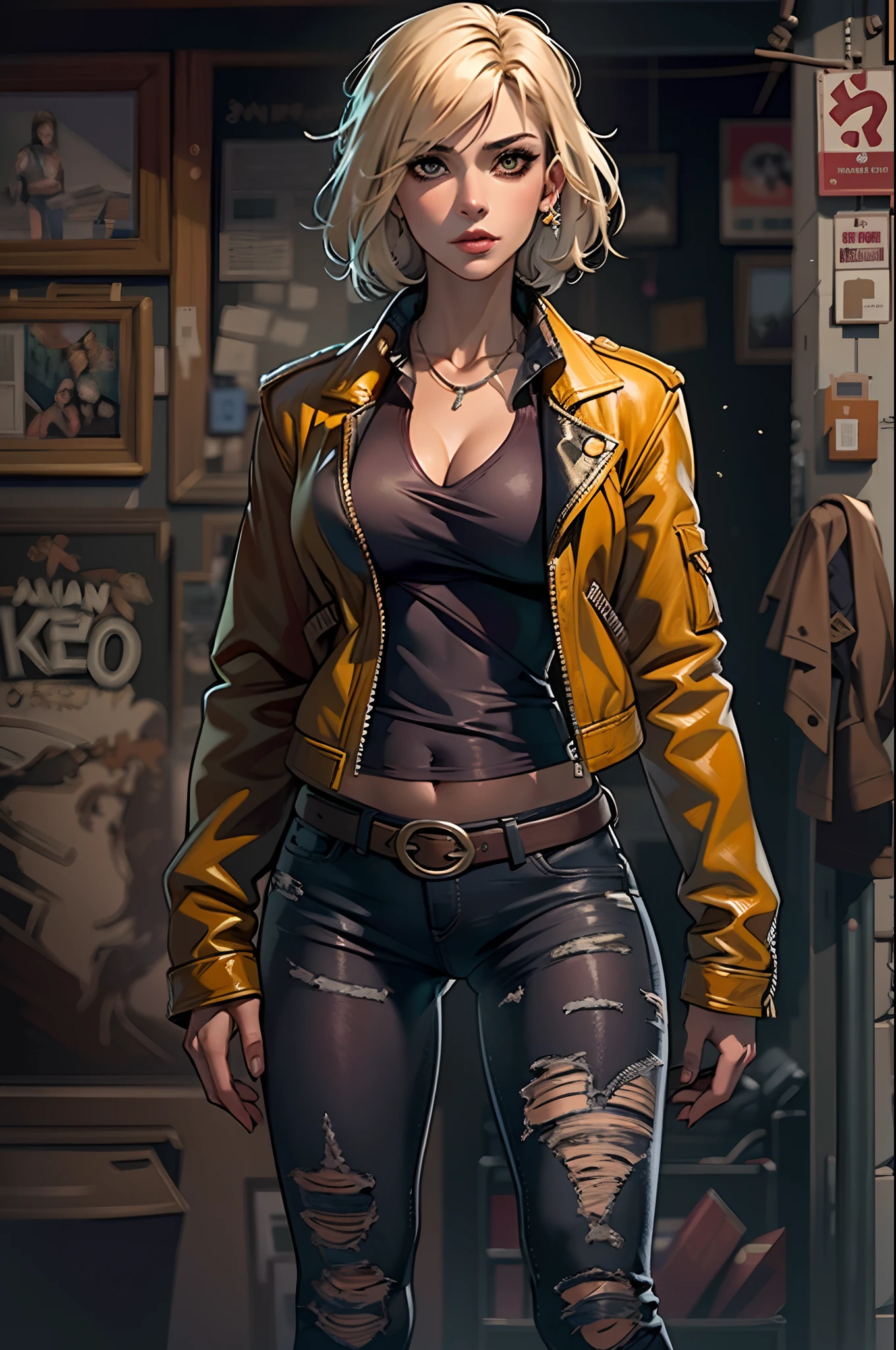 a beautiful woman with tousled blonde hair, an oval-shaped face, delicate features, slender eyes that exude a cunning expression, she wears a form-fitting leather jacket primarily in black with accents of yellow, along with a worn-out brown jacket with a furry collar on top, her lower half is clad in dark blue denim jeans, she stands casually with her hands on her hips, the character design reflects a punk-style smuggler inspired by Japanese anime design, the artwork features finely detailed character design, showcasing a mature Japanese manga artistic style, ((character concept art)), full body character drawing, high definition, best quality, ultra-detailed, extremely delicate, anatomically correct, symmetrical face, extremely detailed eyes and face, high quality eyes, creativity, RAW photo, UHD, 8k, (Natural light, professional lighting:1.2, cinematic lighting:1.5, best shadow), (masterpiece:1.5)