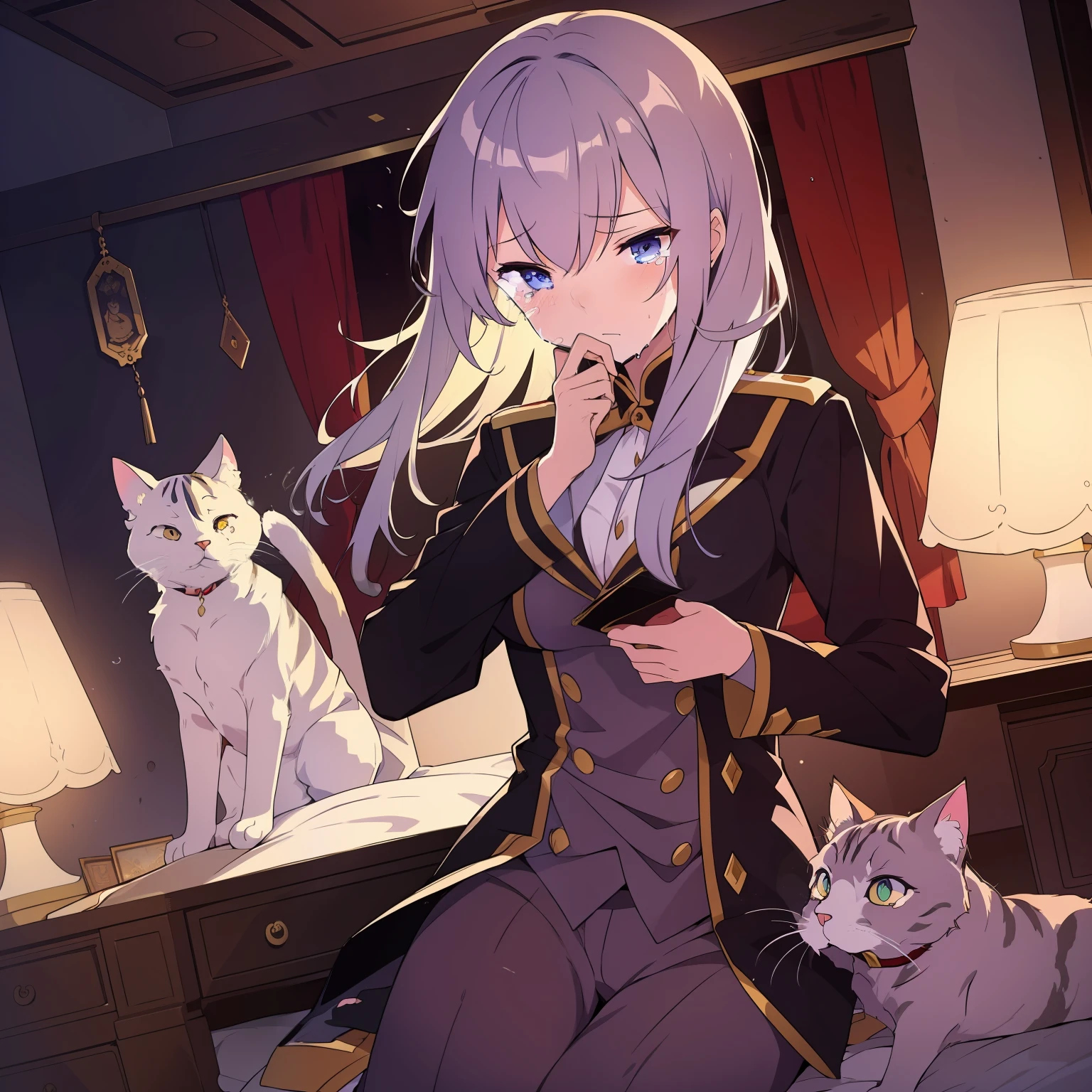 (1 person) (The protagonist, The emperor's favorite concubine, Crying in bed) (Her clothes were torn,Her pet cat lay lifeless next to her)