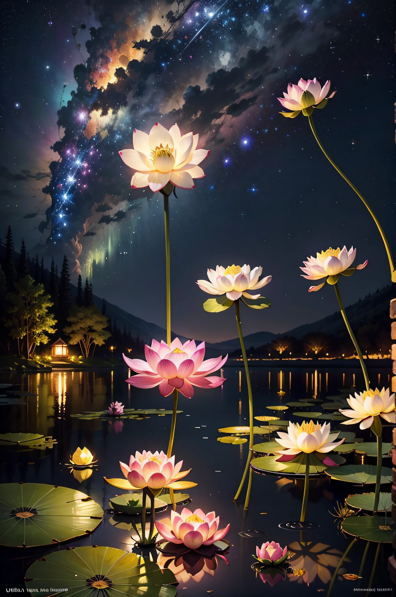 best quality, masterpiece, (realistic:1.2), lotus flower, glowing, in the night sky, full of stars, very detail, ultra-high resolution, ultra-high quality,