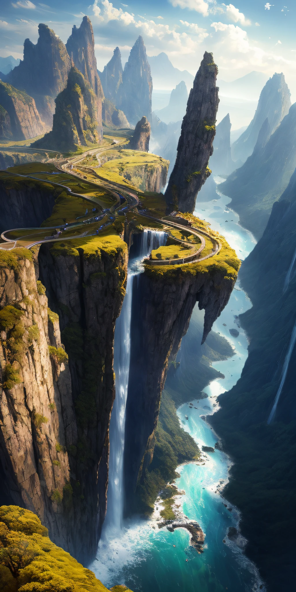 Masterpiece, best quality, high quality, extremely detailed CG unity 8k wallpaper, landscape, outdoor, sky, cloud, sky, no humans, mountain, landscape, water, tree, blue sky, waterfall, cliff, nature, lake, river , cloudy skies, award winning photography, bokeh, depth of field, HDR, bloom, chromatic aberration, photorealism, very detailed, trending on artstation, trending on CGsociety, intricate, high detail, dramatic, midjourney art