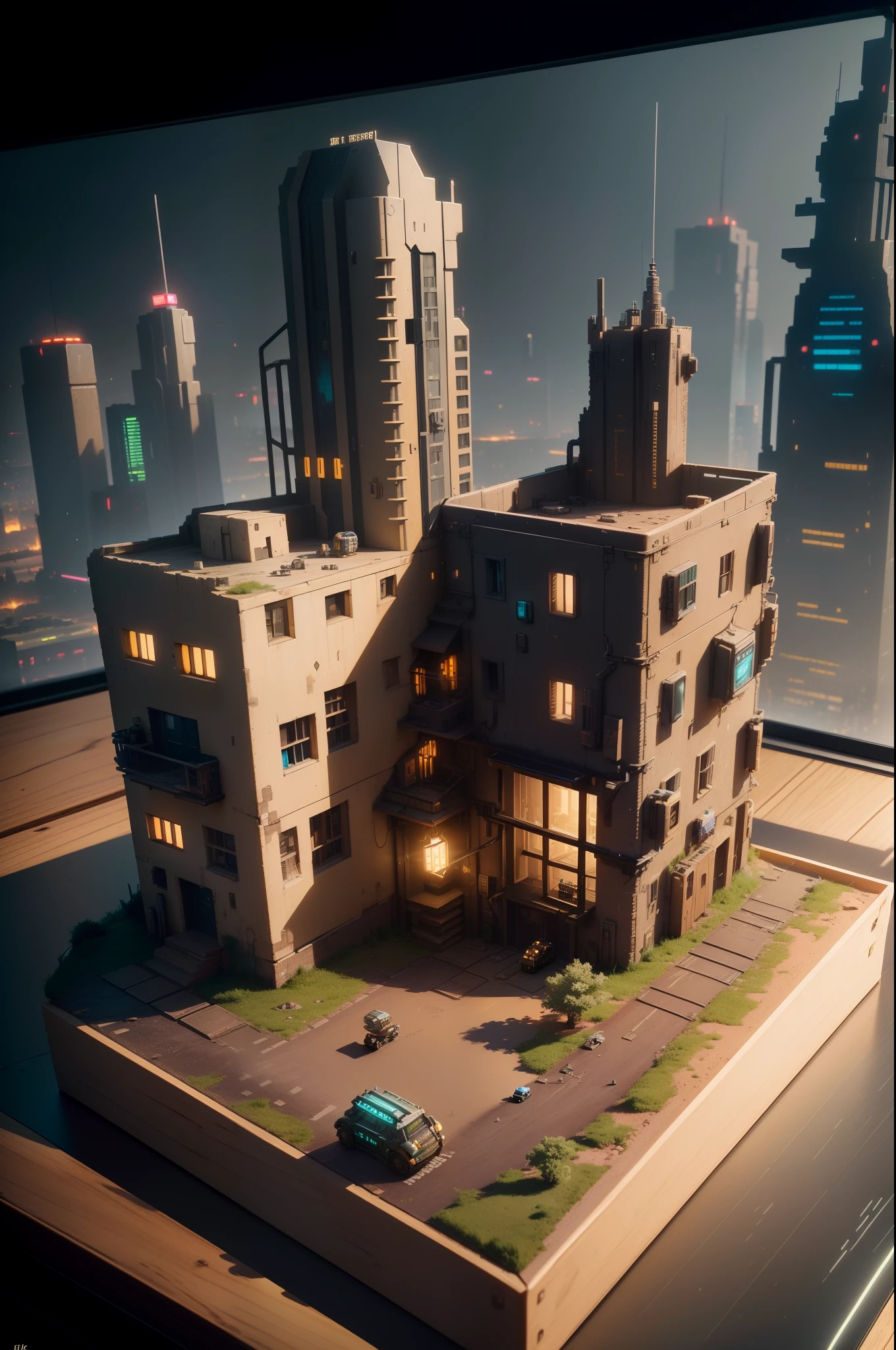 mini\(ttp\), (8k, RAW photo, best quality, masterpiece:1.4),steampunkcyberpunk city,(cyberpunk light:1.3),on desk,horizon (related to land),(in a miniature box:1.3),isometric, miniature, landscape on foundation,landscape,