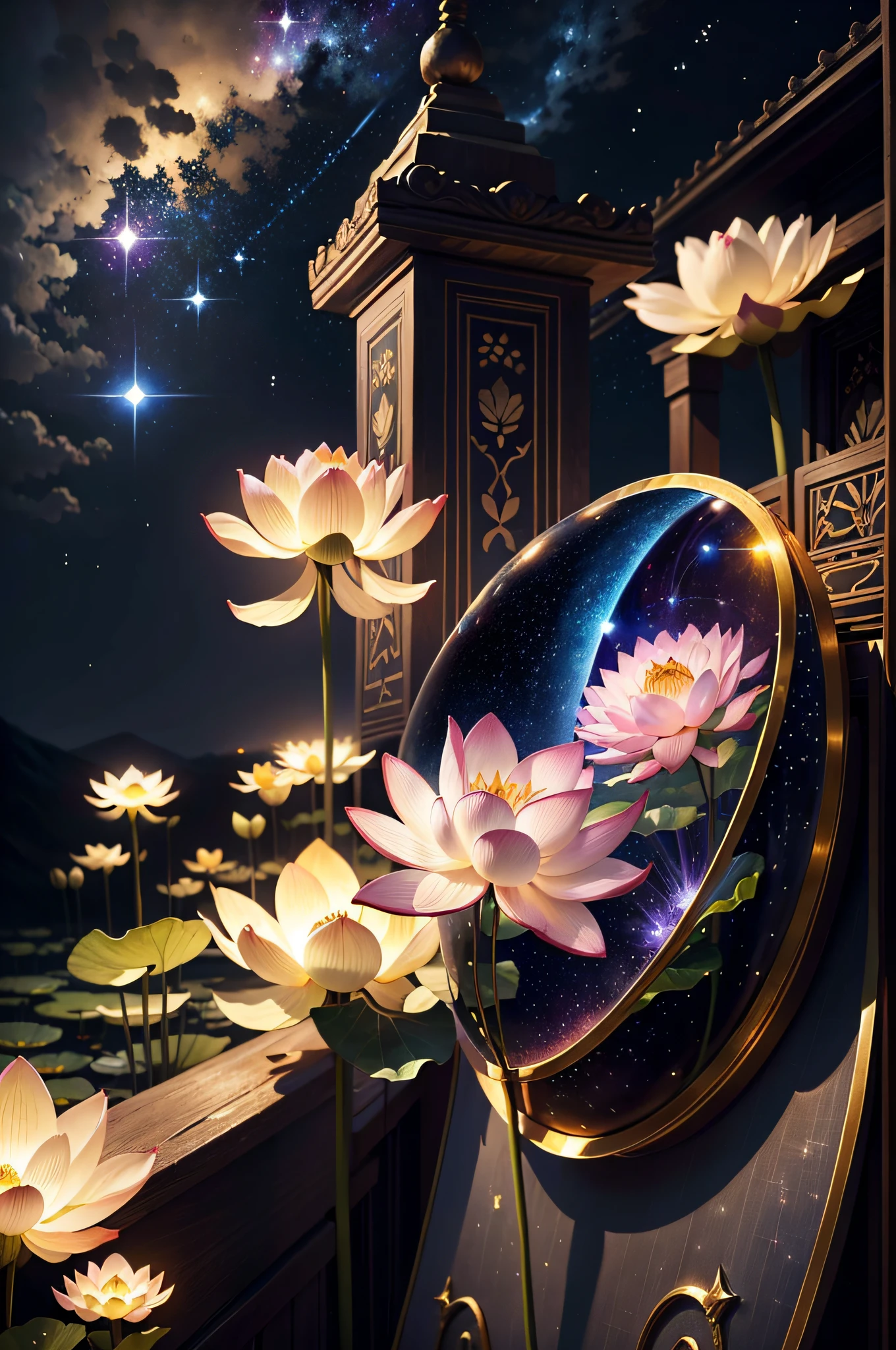 best quality, masterpiece, (realistic:1.2), lotus flower, glowing, in the night sky, full of stars, very detail, ultra-high resolution, ultra-high quality,