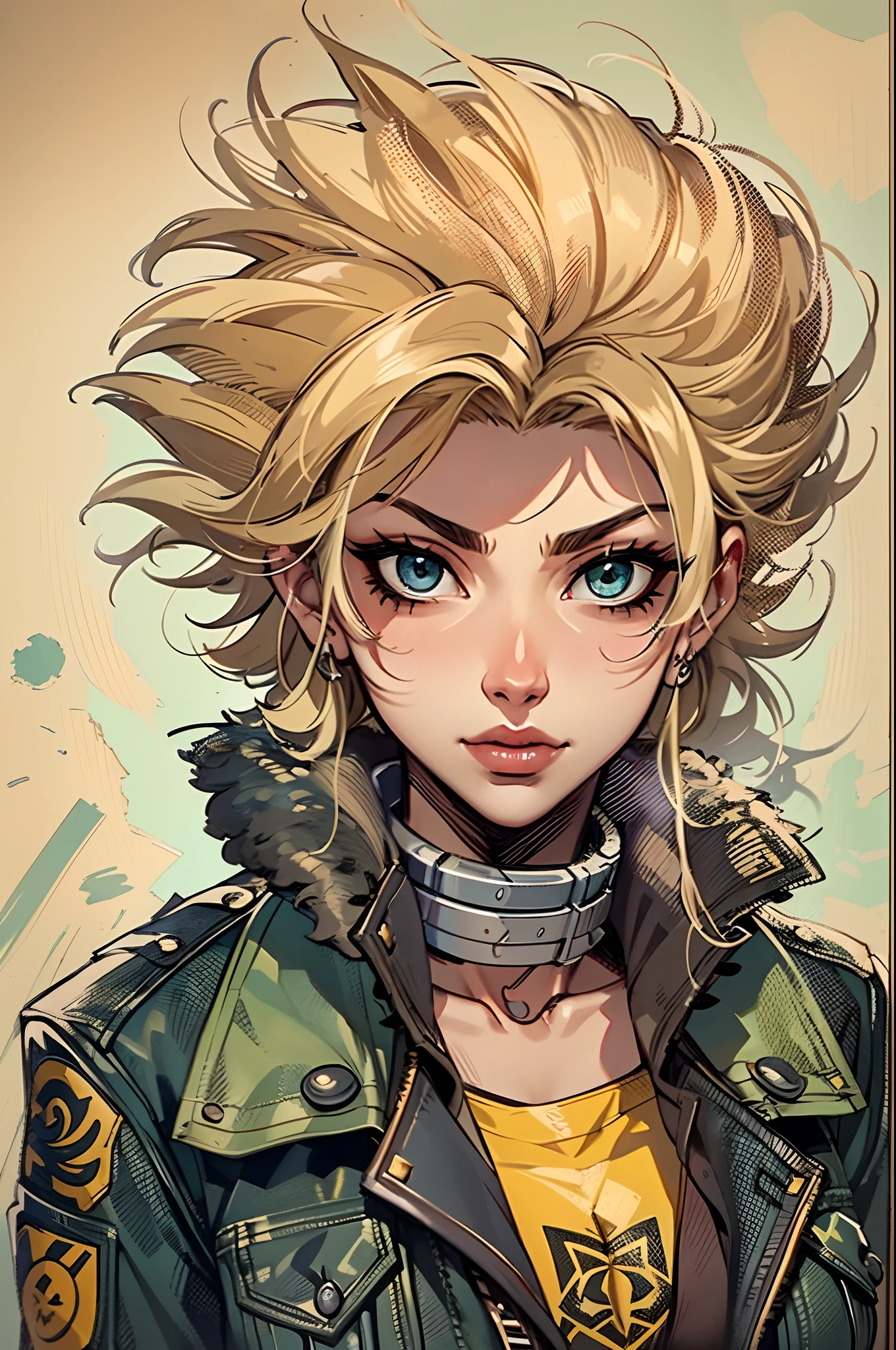 a beautiful woman with tousled blonde hair, an oval-shaped face, delicate features, slender eyes that exude a cunning expression, she wears a form-fitting leather jacket primarily in black with accents of yellow, along with a worn-out brown jacket with a furry collar on top, her lower half is clad in dark blue denim jeans, she stands casually with her hands on her hips, the character design reflects a punk-style smuggler inspired by Japanese anime design, the artwork features finely detailed character design, showcasing a mature Japanese manga artistic style, ((character concept art)), full body character drawing, high definition, best quality, ultra-detailed, extremely delicate, anatomically correct, symmetrical face, extremely detailed eyes and face, high quality eyes, creativity, RAW photo, UHD, 8k, (Natural light, professional lighting:1.2, cinematic lighting:1.5, best shadow), (masterpiece:1.5)