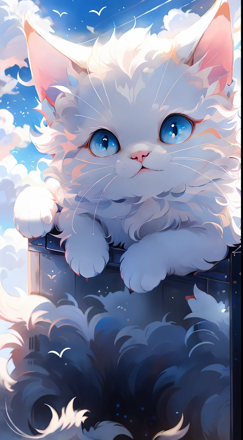 best qualtiy, tmasterpiece, A detailed:1.4, A cute white kitten, Holding a love balloon, The background is blue sky and white clouds。
