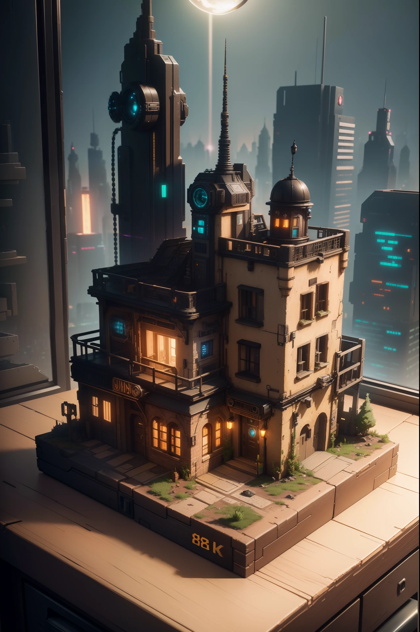 mini\(ttp\), (8k, RAW photo, best quality, masterpiece:1.4),steampunkcyberpunk city,(cyberpunk light:1.3),on desk,horizon (related to land),(in a miniature box:1.3),isometric, miniature, landscape on foundation,landscape,