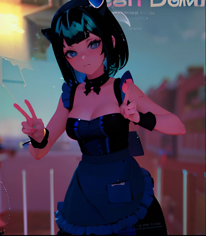 anime girl with blue hair and black dress holding a peace sign, anime styled 3d, vrchat, anime style. 8k, anime stylized, stylized anime, anime moe artstyle, anime vibes, anime styled, loli, anime style hyper detailed, live2d virtual youtuber model, 3d anime girl, anime girl in a maid costume