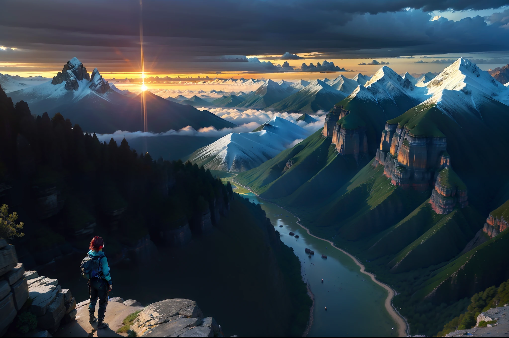 ultra hd photo），Excellent image quality，Realistic details，RAW photo of the landscape，small detailed，realisticlying，ultra real photo，People overlook the mountains from the top of the mountain，Faraway view，ultra-wide-angle，overhead photography，Sunlight shines，blue-sky，Yamakawa ，rios，Greenwood