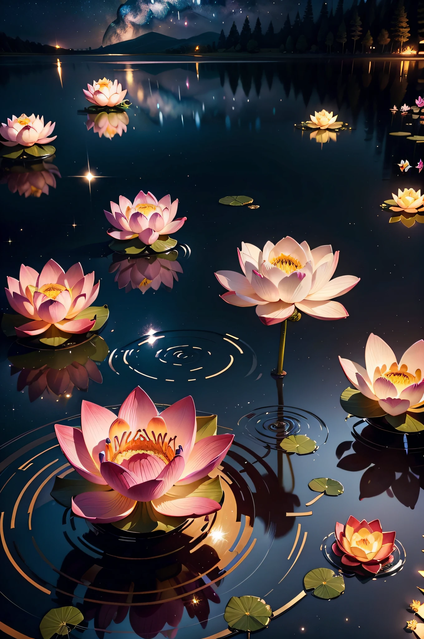 best quality, masterpiece, (realistic:1.2), lotus flower, glowing, in the night sky, full of stars, very detail, ultra-high resolution, ultra-high quality,