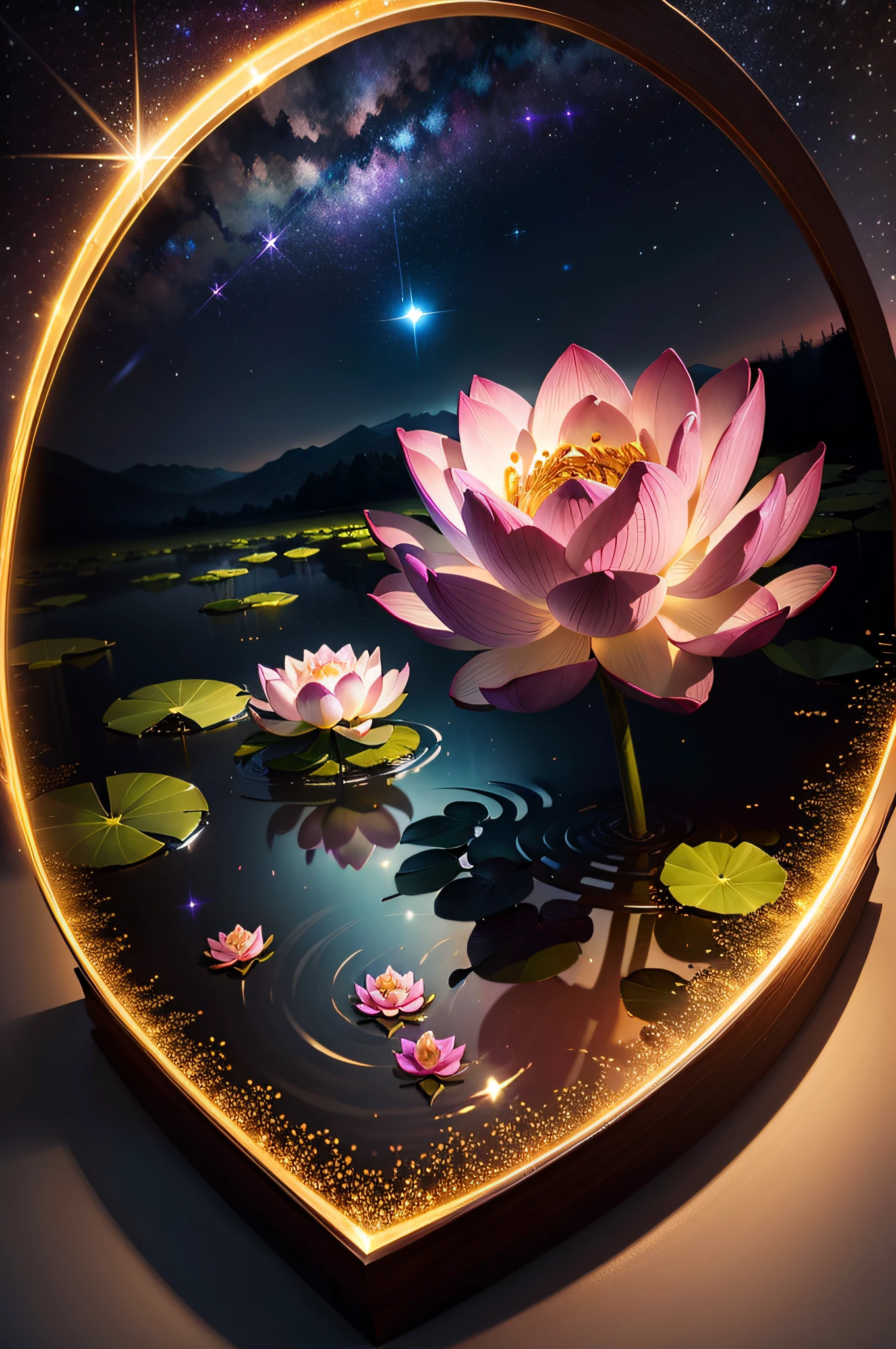 best quality, masterpiece, (realistic:1.2), lotus flower, glowing, in the night sky, full of stars, very detail, ultra-high resolution, ultra-high quality,