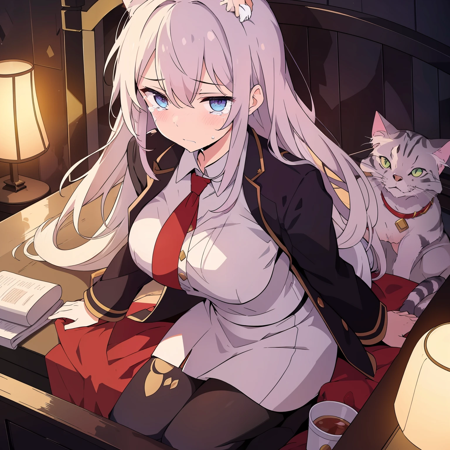 (1 person) (The protagonist, The emperor's favorite concubine, Crying in bed) (Her clothes were torn，Her pet cat lay lifeless next to her)
