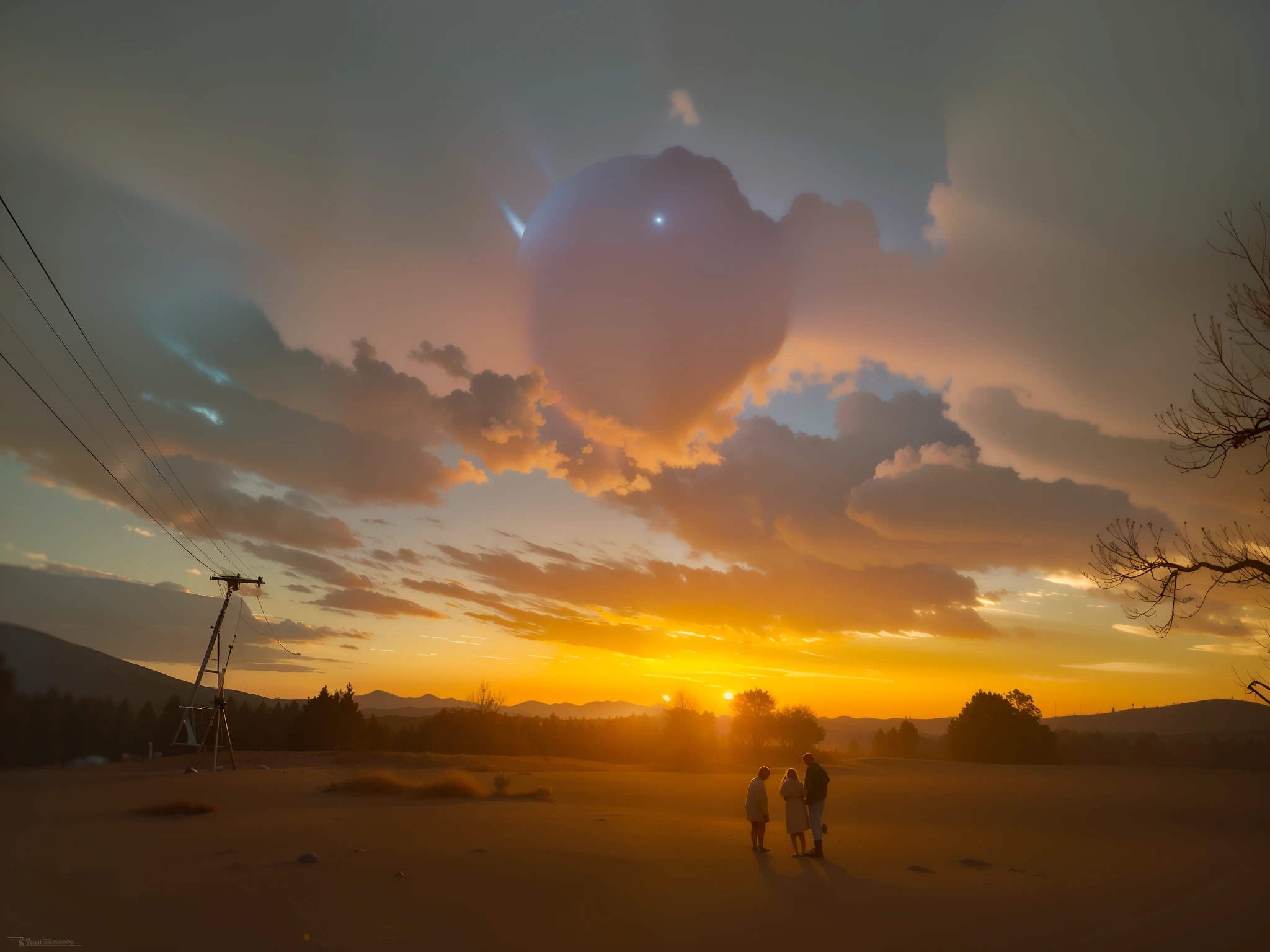 Unknown planets that are about to fall in the sky are visible to the naked eye, covering a large area of the sky,You can see the clear lines on the planet as if they were close to your eyes,The light of the setting sun shines brilliantly between the huge planet and the earth,The curtain behind the giant planet is a brilliant dark blue starry sky, which is extremely magnificent
