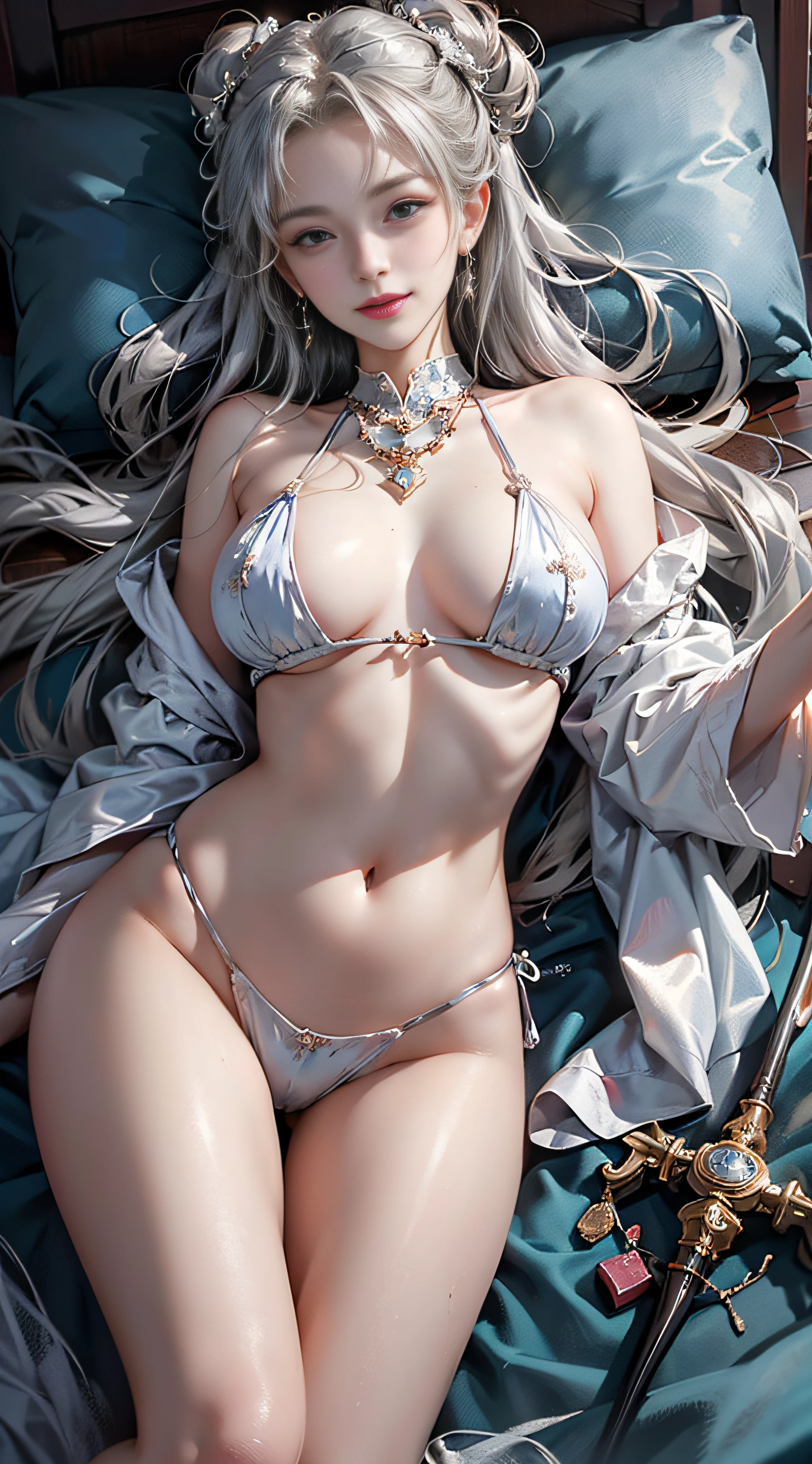 ((best qualtiy)),((SuperiorQuality, 8K, tmasterpiece: 1.5)), Pubic area is clear: 1.2, Perfect body beauty: 1.4, Large of breast, Silvery hair,belly-bar，wetted skin,  squint smile，Sleeping on the Bed，Legs open，legs are open，