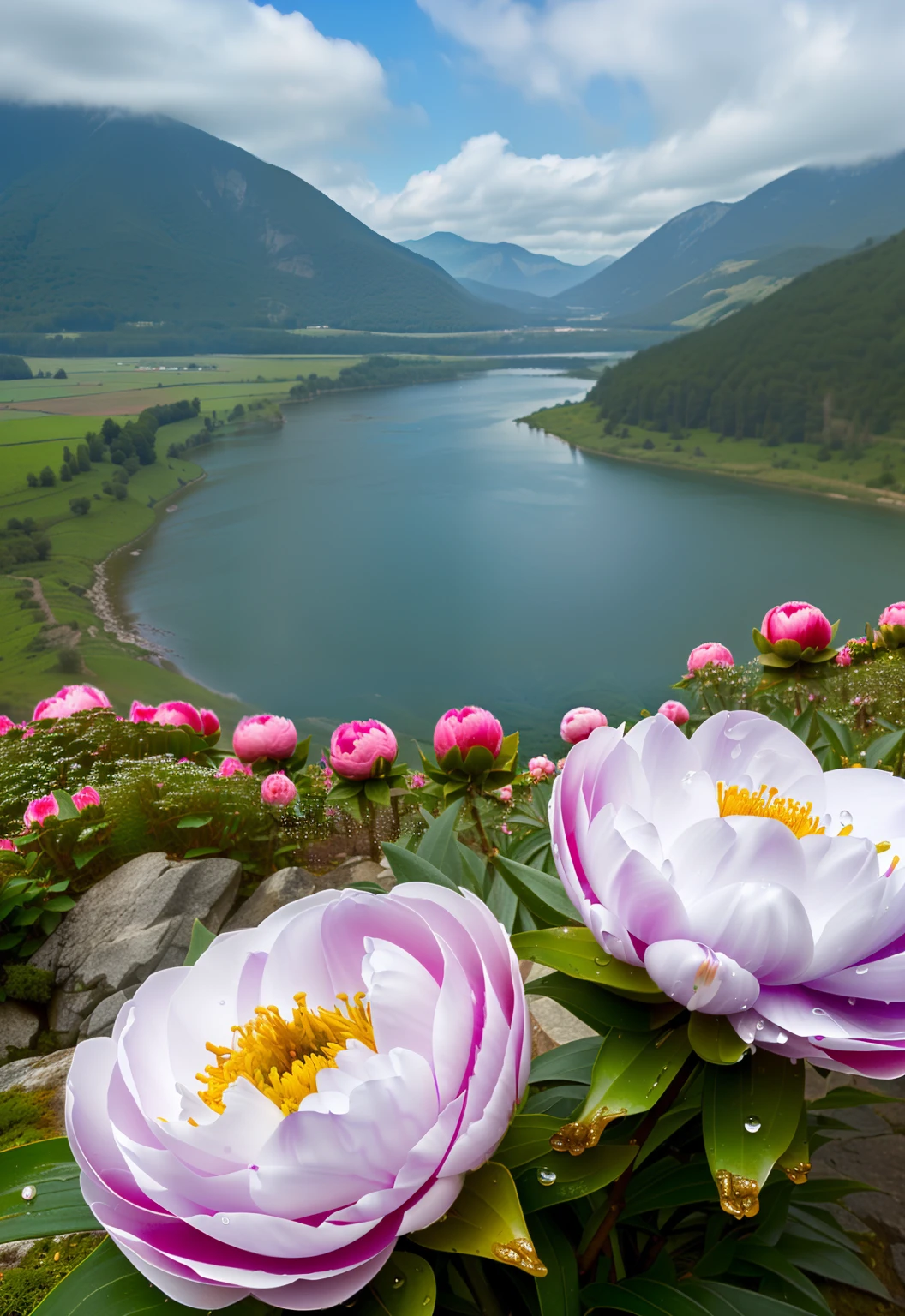 Peony blooming flowers,fanciful,dreamlike imagery,Fantastic nature,drippy,Realistic and ethereal,great outdoors,Real peony flowers,With water droplets,Hyper Real,In the mountains,beautful view,(jiayi:1.5), closeup cleavage, tmasterpiece, best qualtiy, RAW photogr, Incredibly Ridiculous res, depth of fields, A high resolution, ultra - detailed, finedetail, The is very detailed,tack sharp focus, cinmatic lighting