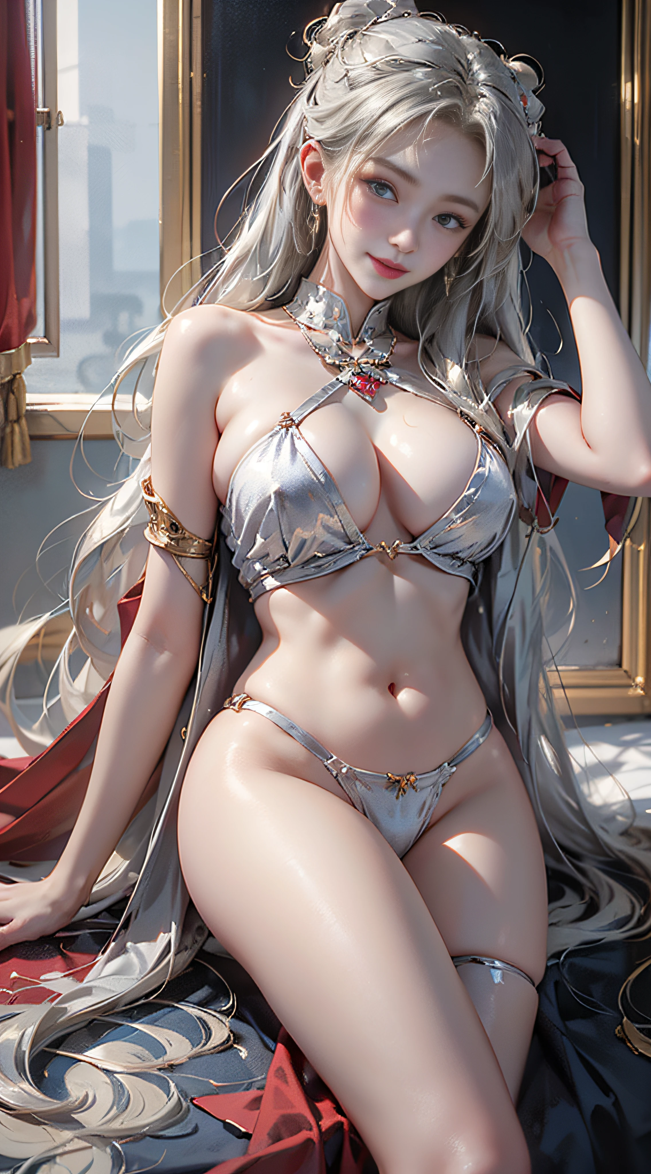 ((best qualtiy)),((SuperiorQuality, 8K, tmasterpiece: 1.5)), Pubic area is clear: 1.2, Perfect body beauty: 1.4, Large of breast, Silvery hair,Red belly pocket,wetted skin, squint smile,Sleeping on the Bed,Legs open,legs are open,
