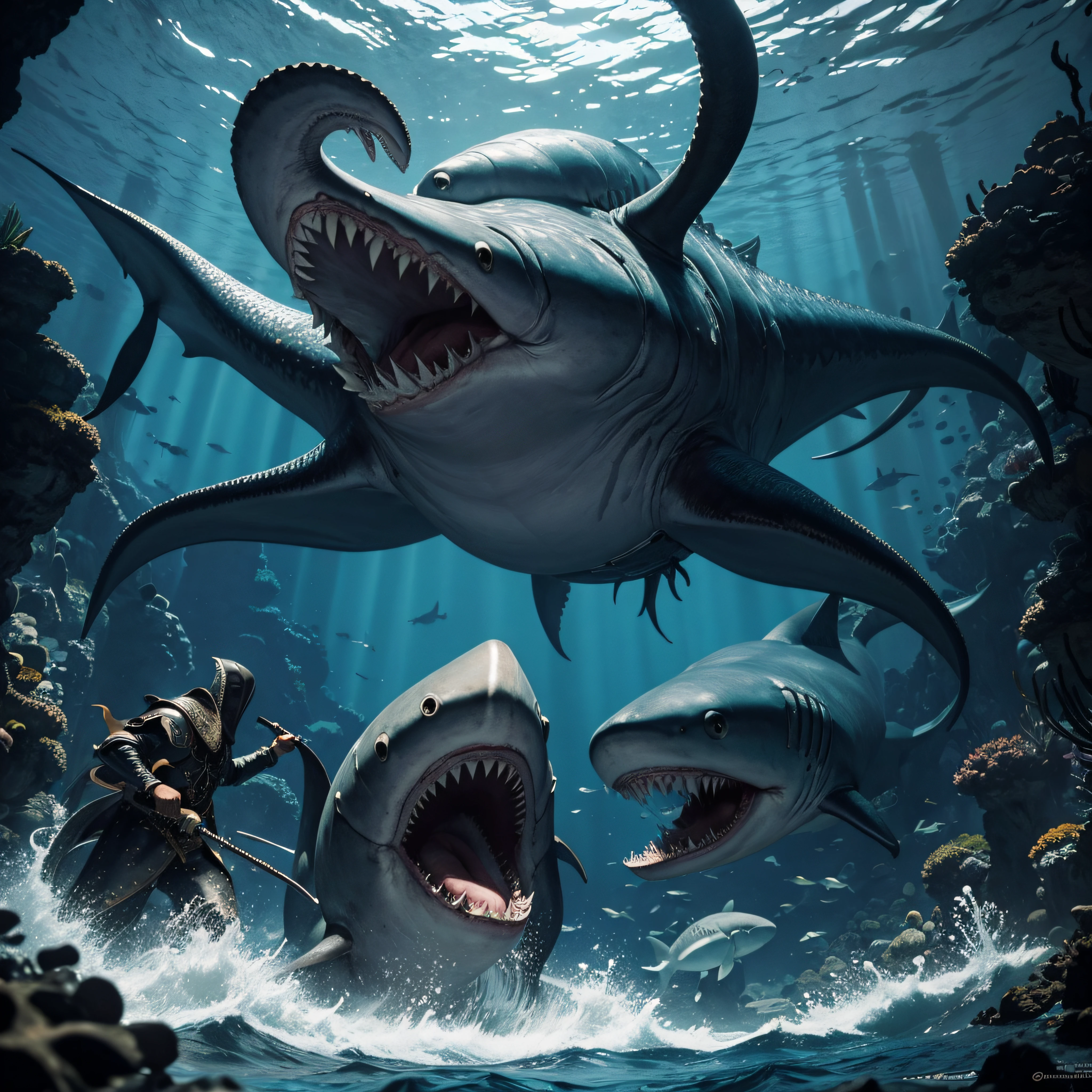 (extremadamente detallado, obra maestra, La mejor calidad, under the ocean), Estilo oscuro, volumetric illumination. armadura medieval, person with Big Shark's Mouth, tentacle, deformado, imagen submarina, pico de pulpo amenazante. manchas de tinta. Rococo composition. Luz de caravaggio