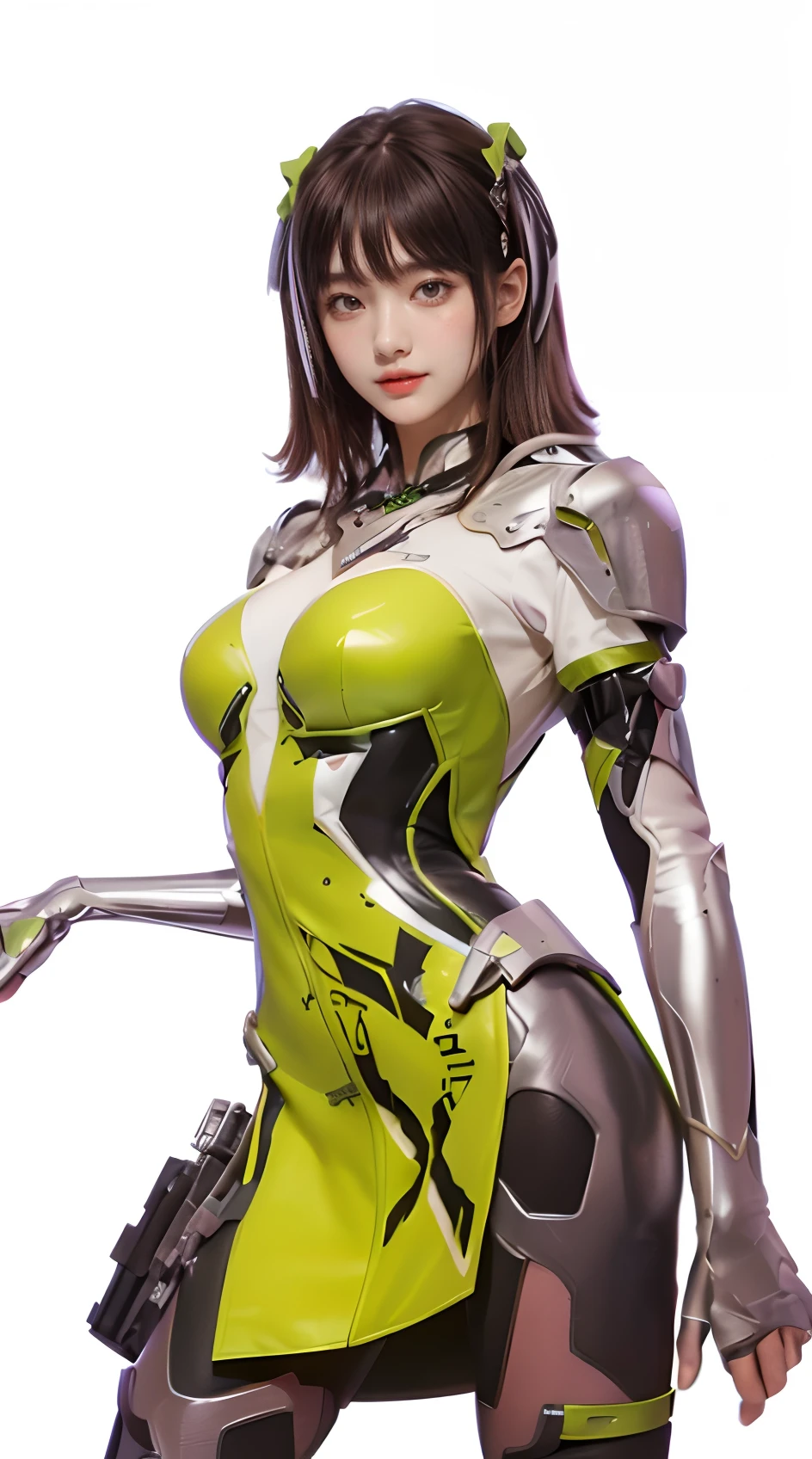 Virtual image,Realistic 8K images,hips up,Masterpiece,Complete Anatomy,Complete dynamic composition,morning sun,Light hits the front,young woman with long brown hair,Staring at me.,A small but cute smile,The machine is connected to the body.,Wear headphones with bright neon lights.,alone,,Has tattoos on his upper arms and stomach.,complicated details,Weird details,future world,Above expectations,Cyberpunk with bright neon lights all around.,glowing cyberpunk,cybernetic robot((White-red-yellow-gold cyberpunk figure..)),Bikini body-,white tank top,The background of the large gears is deserted..
