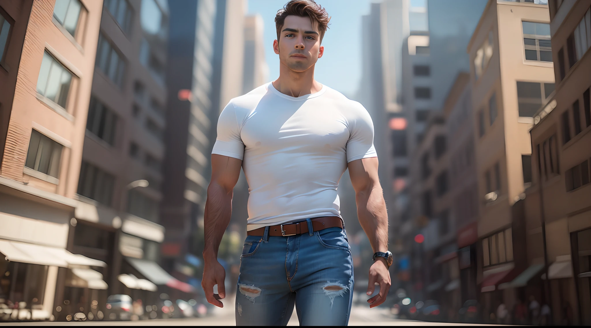 masterpiece, best quality, highres, 1male, Fred Jones from scooby doo, full body view, standing in urban city.(8k, 4k, best quality, highres:1.2), (maasterpiece, realistic, photo realistic:1.37), beautiful face, wearing white tshirt and jean pant.