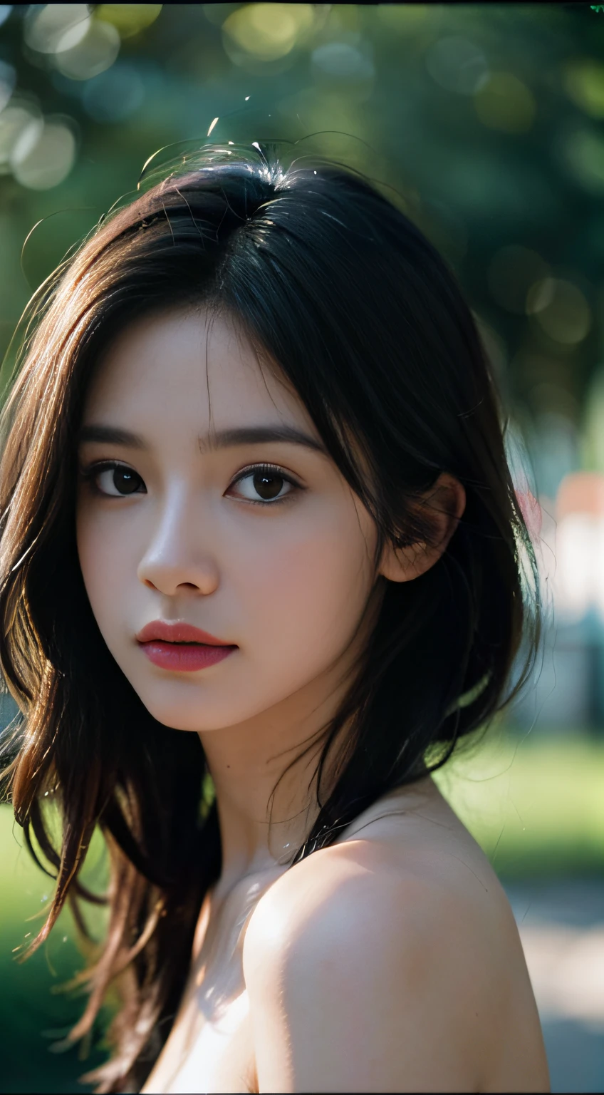 (8k, Raw-Photo, Top  Quality, ​masterpiece:1.2), (Photorealistic, Photorealistic: 1.37), film portrait photography, 1Girl, bare shoulder, wavy shoulder-length hair, serene, calm, (realistic detailed eyes, Natural skin texture, realistic face details), soft dramatic lighting, Depth of field, Bokeh, vibrant details, finelydetail, A hyper-realistic, 35mm film, hazy blur