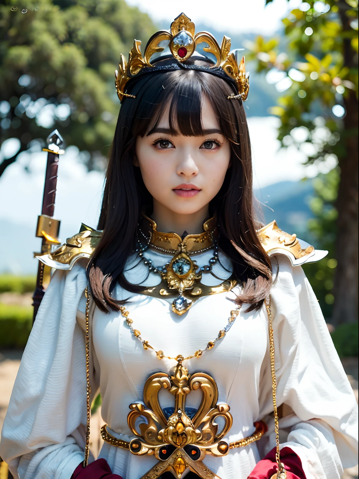 Professional , ​masterpiece、top-quality、photos realistic , 、top-quality、超A high resolution、(Photorealsitic:1.4)、Raw photo、depth of fields （Gemstone Gold Metal Body:1.9),(Matte White、Toostock、cleavage of the breast、（cleavage of the breast）、（Detailed Dragon Armor）、（Have the strongest weapon）、（(Random Hairstyles 1.6),Dark Fantasy,）explosions、intense fighting、（Precipitous cliffs),Dragon Gold Weapon,Mystical expression、Particles of light、Fight dragons、（Detailed Dragon Helmet),Gorgeous Silver Weapons ,（（ Dragon's dense and gorgeous sword）） , Beautiful knife   ,warhammer 40k ,Detail and gorgeous crown、（（Blue hair））、（Castle background）、、（（Gangle's forest background））、Beautiful Caucasian beauty、１a person、dynamic ungle,((()))、Smaller head、A smile、Castle background、Thin and beautiful female hands、cleavage of the breast、Soldier in iron armor on background、Mystical expression、Light Effects、intense fighting、Wind-effect、magic circles、With the legendary magic wand、（demonic wings）、Toostock、