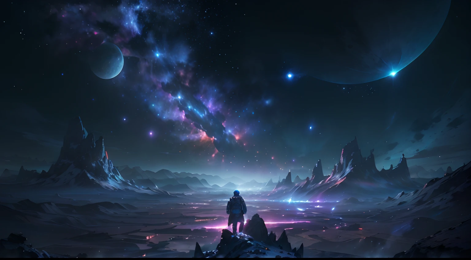 expansive landscape photograph , (a view from below that shows sky above and open field below), a boy standing on mountain looking up, (full moon:1.2), ( shooting stars:0.9), (nebula:1.3), distant mountain, production art, (warm light source:1.2), (Firefly:1.2), lamp, lot of purple and orange, intricate details, volumetric lighting, realism BREAK
(masterpiece:1.2), (best quality), 4k, ultra-detailed, (dynamic composition:1.4), highly detailed, colorful details,( iridescent colors:1.2), (glowing lighting, atmospheric lighting), dreamy, magical, (solo:1.2), space, galaxy