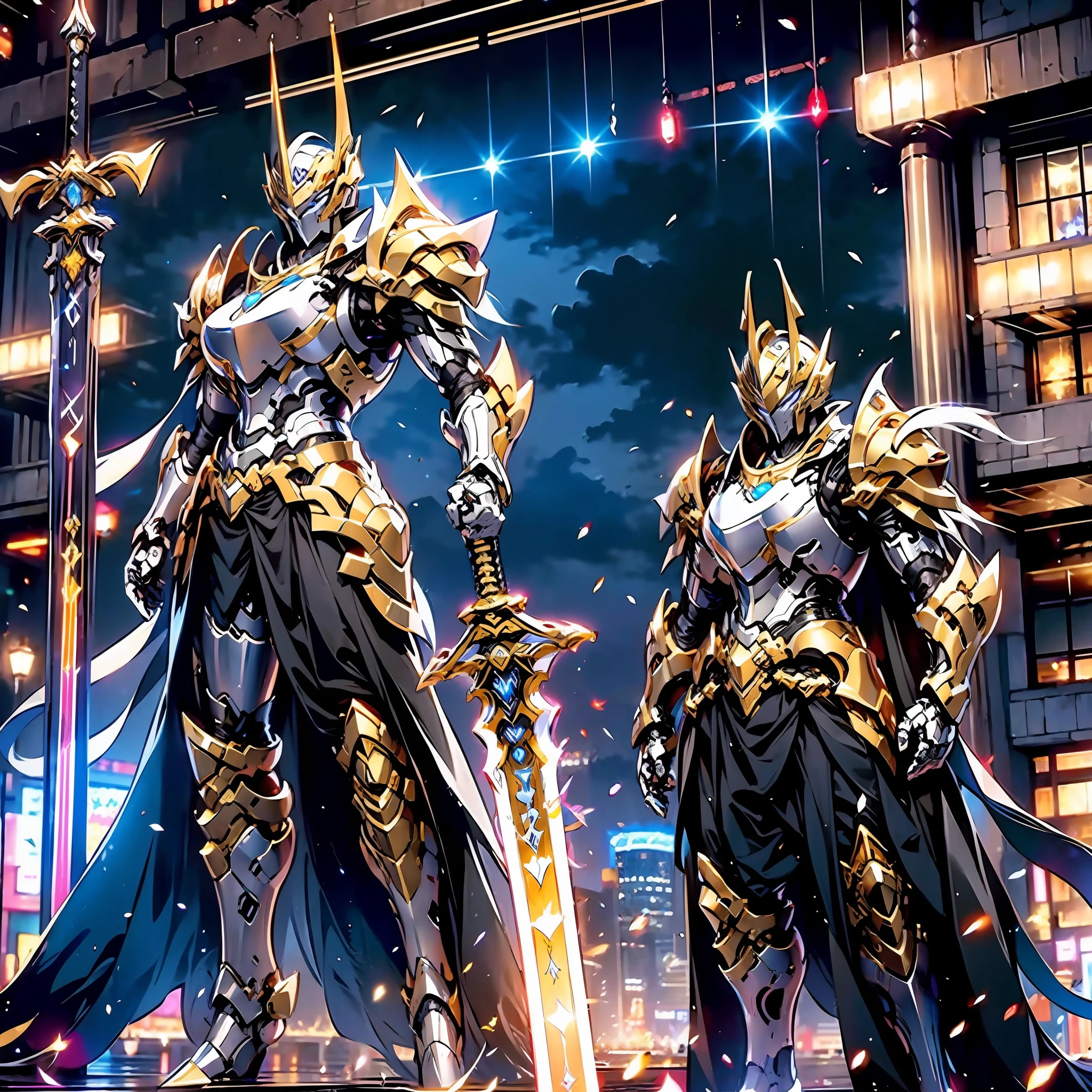 (masterpiece, best quality), A paladin holding a light infused sword, light magic, divine, magewave, silver and gold, 4k, dark cityscape, Fujifilm