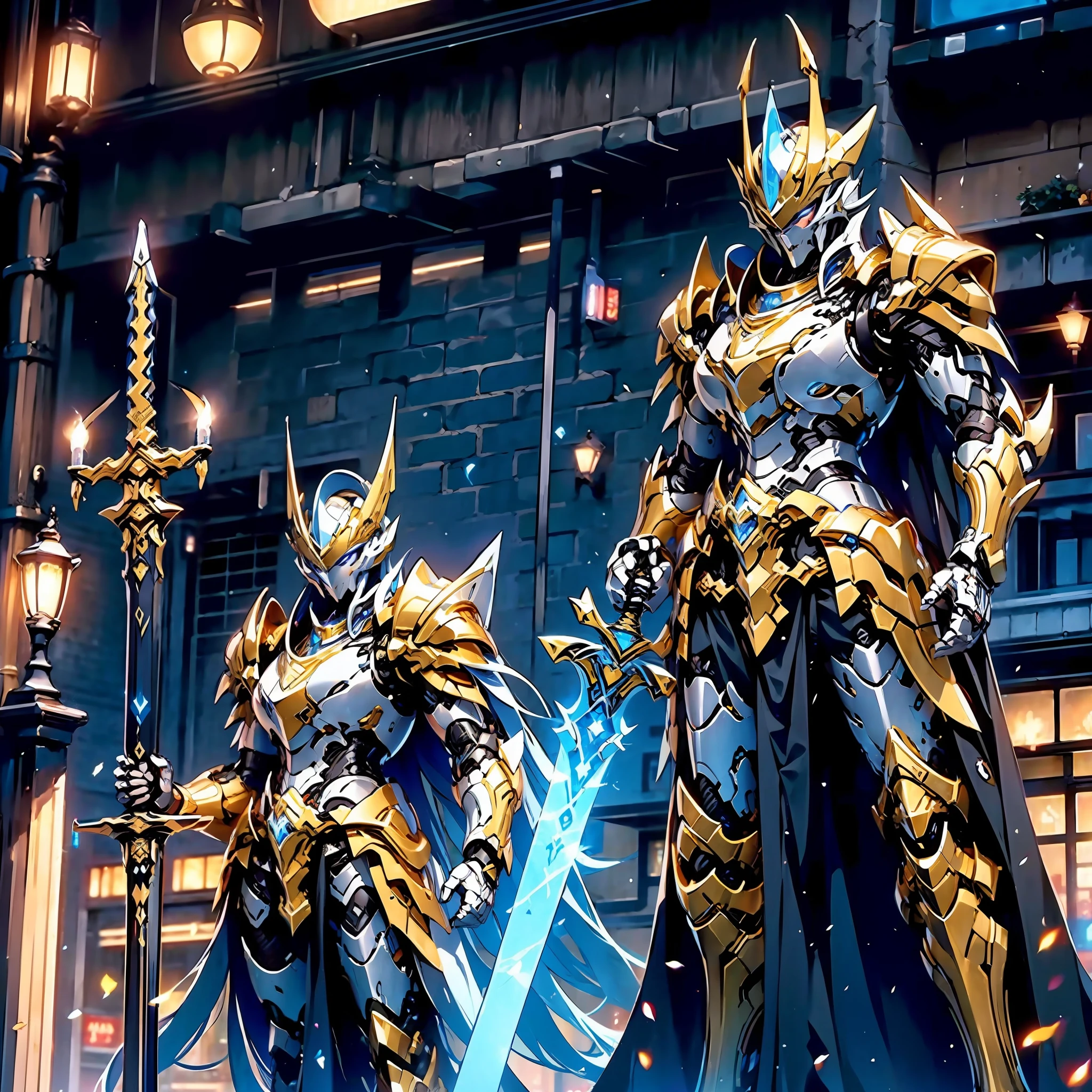 (masterpiece, best quality), A paladin holding a light infused sword, light magic, divine, magewave, silver and gold, 4k, dark cityscape, Fujifilm