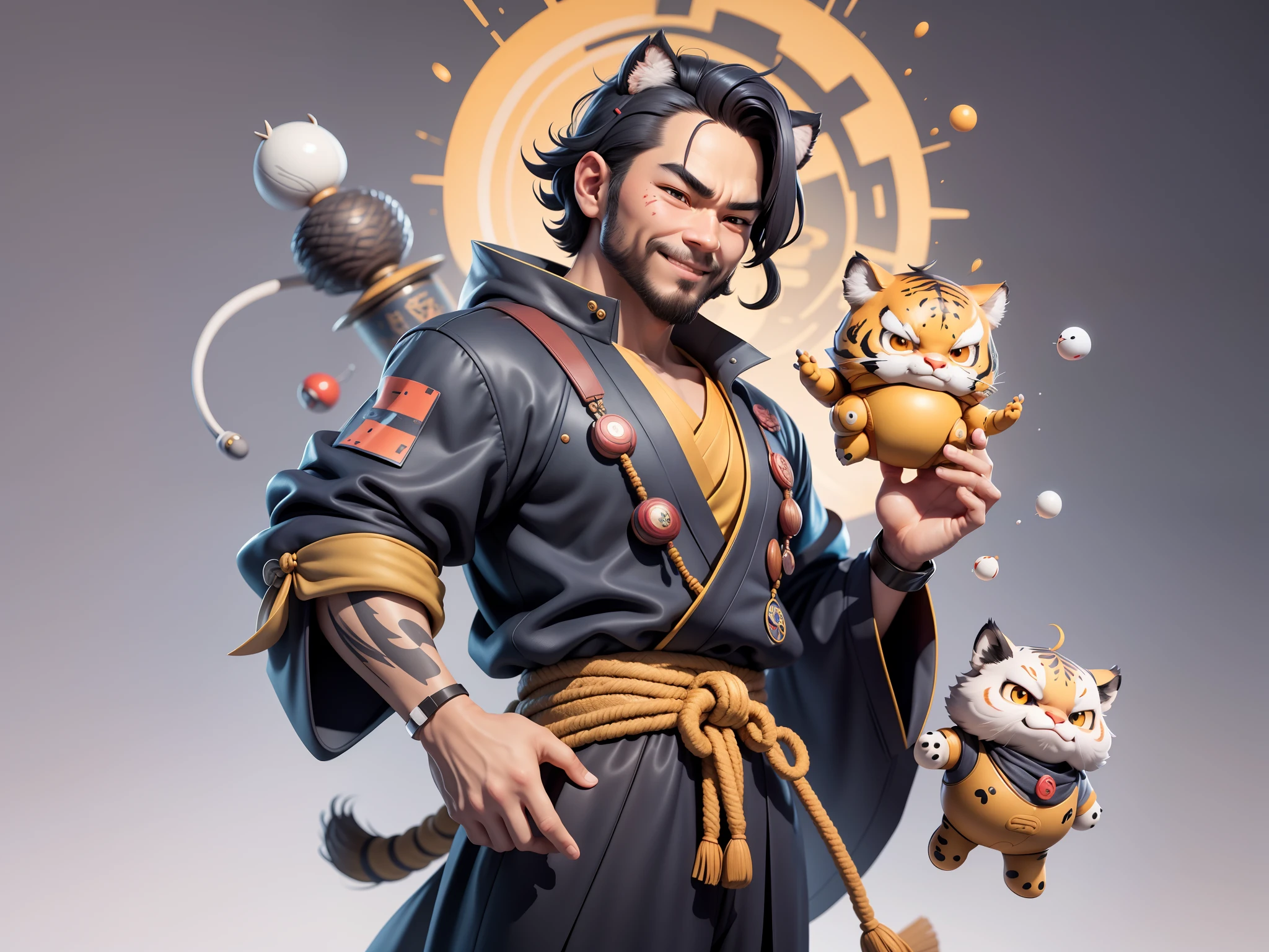 (Daisaku),(Need),(Super meticulous),(full bodyesbian:1.2),Super young man with Japanese geisha,Beautiful,orient,one tiger,Aeolian Thor,Raised sexy,爆乳,Oriental face,TV Anchor,Bust portrait illustration,In black suit,a blue tie,The face is slightly chubby,The face was clean,without a beard,Black super short hair,Black eyes,Smile confidently,3C computer sub-products,iPad, iphone,Digital painting,3D character design by Mark Clairen and Pixar and Hayao Miyazaki and Akira Toriyama,The illustration is a high-definition illustration in 4K resolution,With very detailed facial features and cartoon-style visuals。