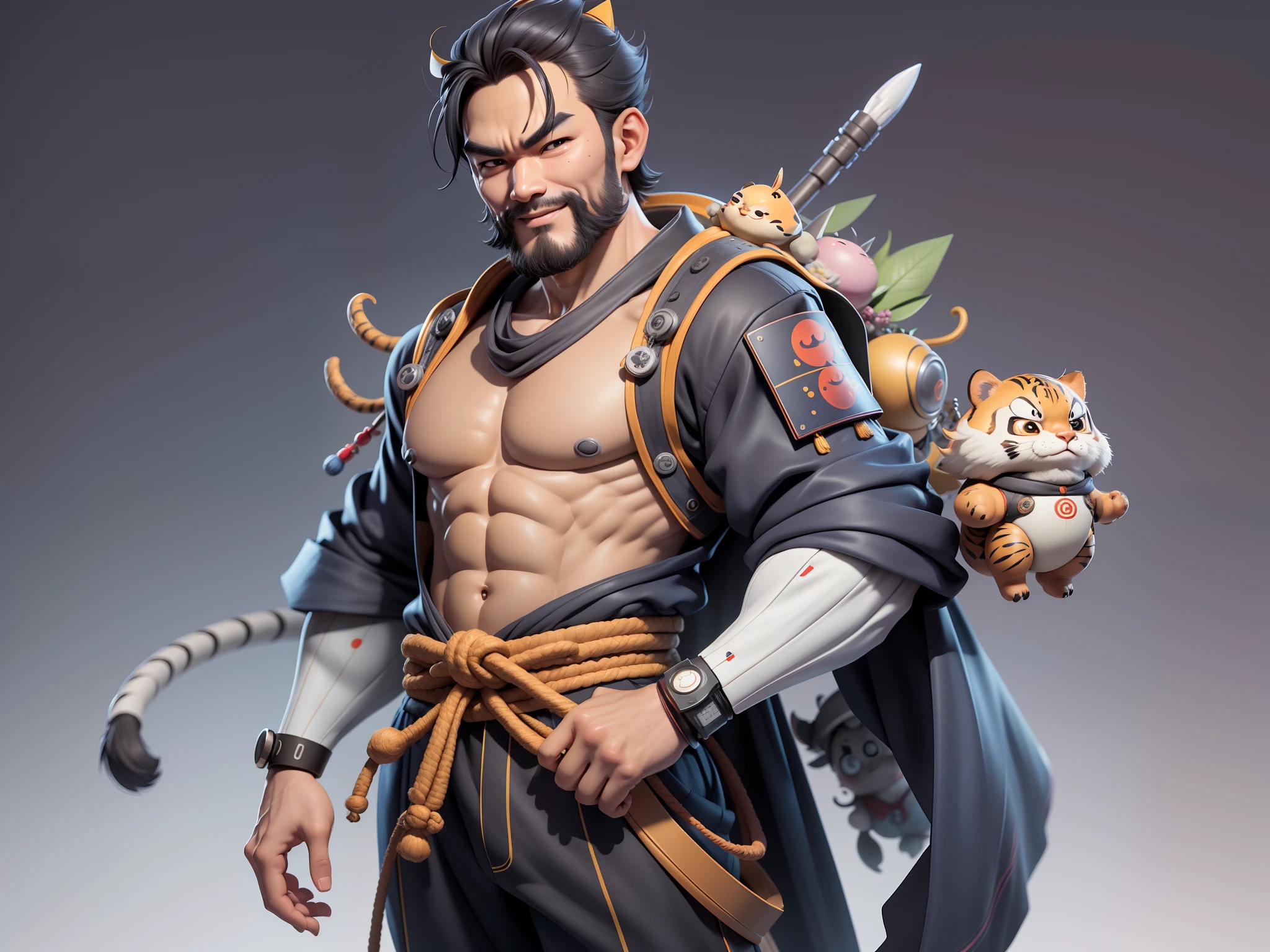 (Daisaku),(Need),(Super meticulous),(full bodyesbian:1.2),Super young man with Japanese geisha,Beautiful,orient,one tiger,Aeolian Thor,Raised sexy,爆乳,Oriental face,TV Anchor,Bust portrait illustration,In black suit,a blue tie,The face is slightly chubby,The face was clean,without a beard,Black super short hair,Black eyes,Smile confidently,3C computer sub-products,iPad, iphone,Digital painting,3D character design by Mark Clairen and Pixar and Hayao Miyazaki and Akira Toriyama,The illustration is a high-definition illustration in 4K resolution,With very detailed facial features and cartoon-style visuals。