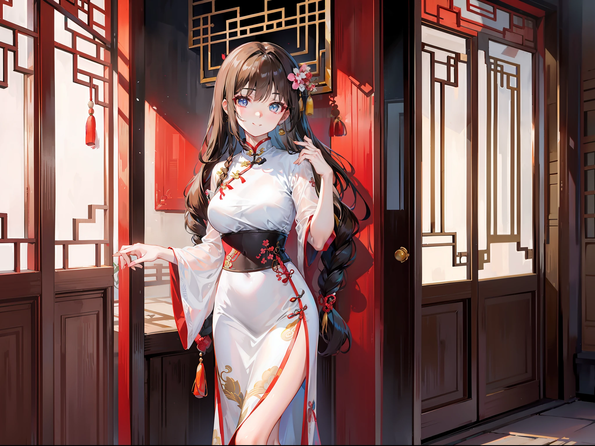 ((masterpiece, best quality)), Delicate face,red,Archer,whole body,Standing picture,Long legs,Large Breasts,Gradient double ponytail hairstyle,Perfect body proportions,Pretty golden eyes,Extremely beautiful,transparent, Pure white background,??????_lingerie,sexly_比基尼,Lace,Garter stockings