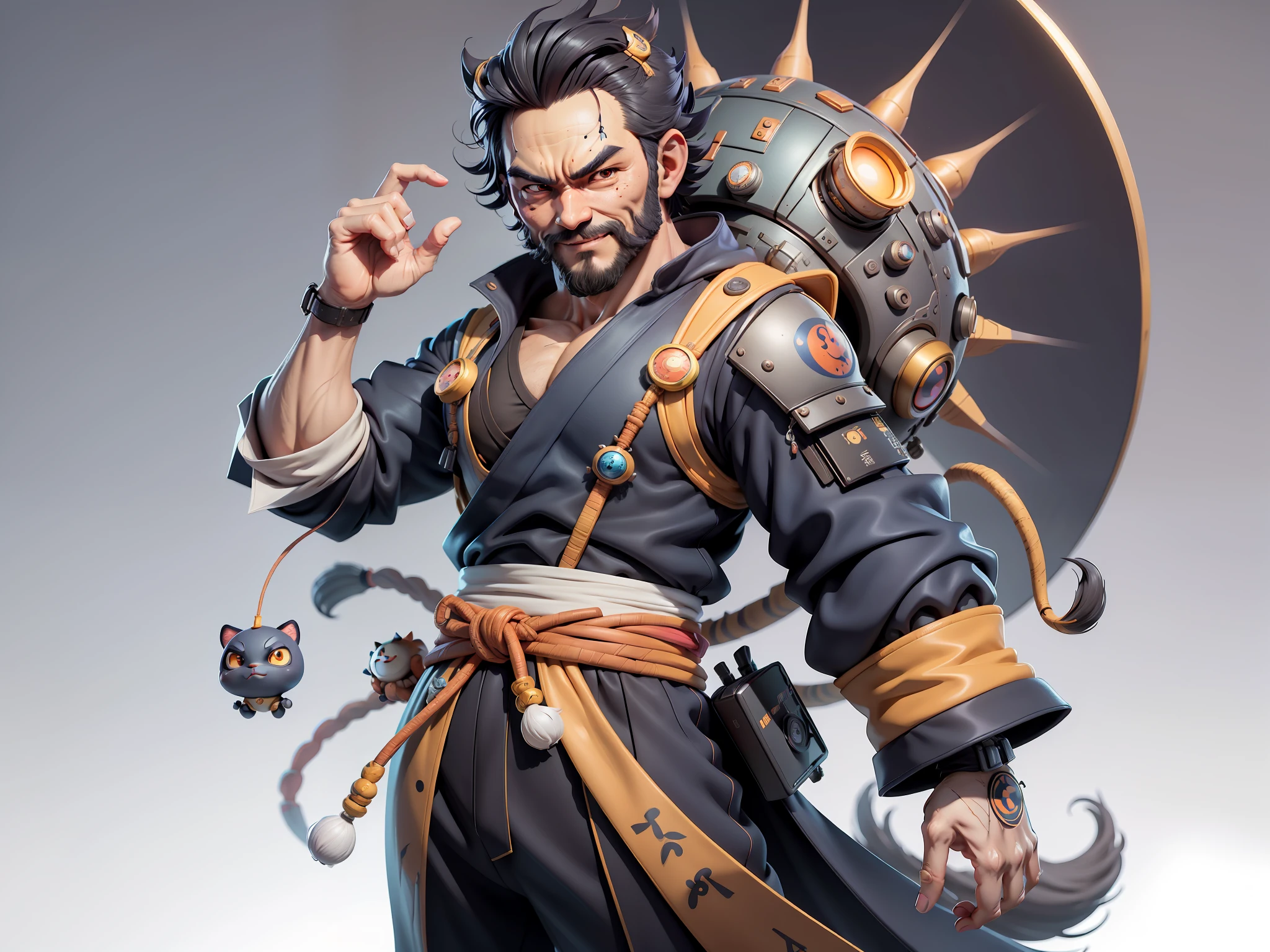 (Daisaku),(Need),(Super meticulous),(full bodyesbian:1.2),Super young man with Japanese geisha,Beautiful,orient,one tiger,Aeolian Thor,Raised sexy,爆乳,Oriental face,TV Anchor,Bust portrait illustration,In black suit,a blue tie,The face is slightly chubby,The face was clean,without a beard,Black super short hair,Black eyes,Smile confidently,3C computer sub-products,iPad, iphone,Digital painting,3D character design by Mark Clairen and Pixar and Hayao Miyazaki and Akira Toriyama,The illustration is a high-definition illustration in 4K resolution,With very detailed facial features and cartoon-style visuals。