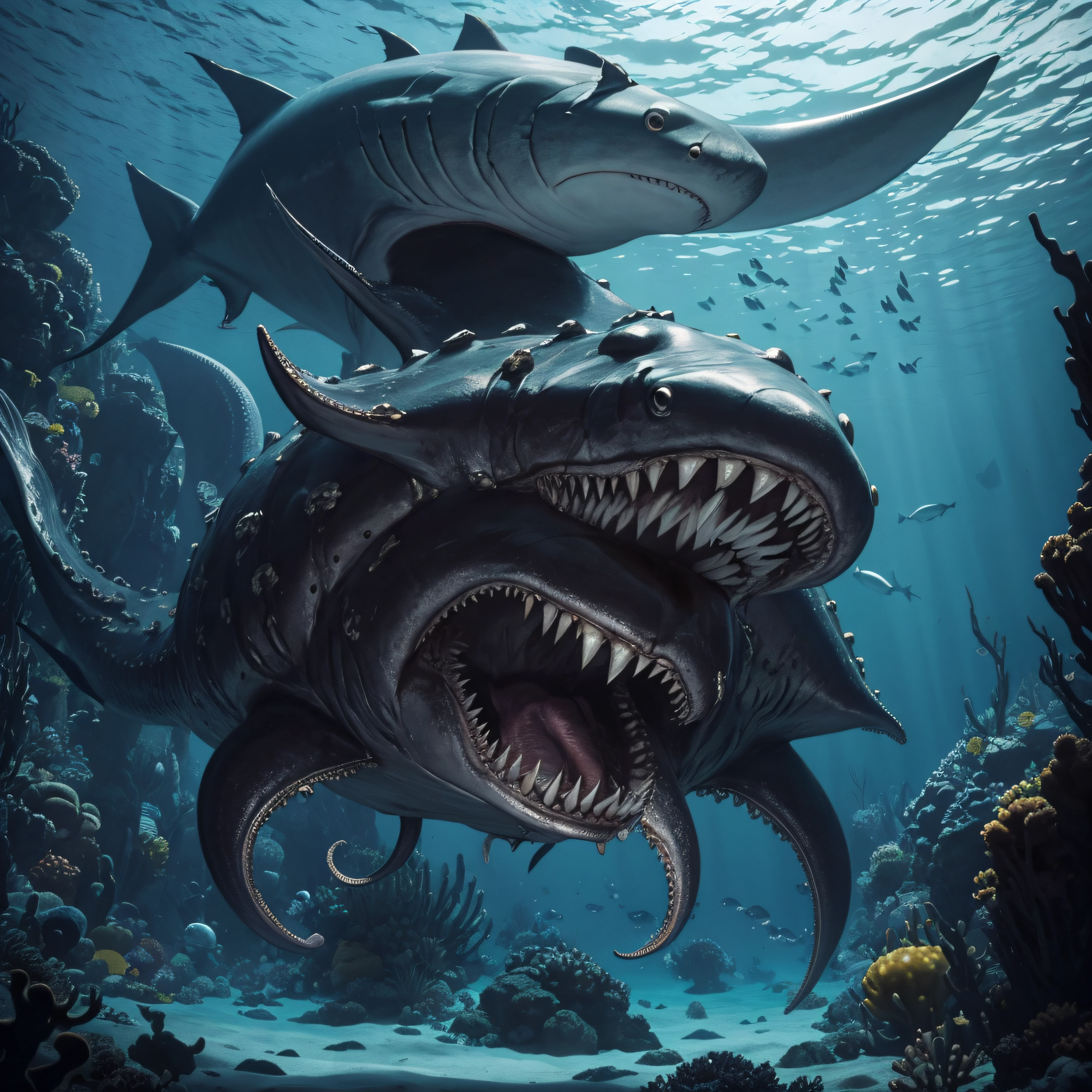 (extremadamente detallado, obra maestra, La mejor calidad, under the ocean), Estilo oscuro, volumetric illumination. armadura medieval, person with Big Shark's Mouth, tentacle, deformado, imagen submarina, pico de pulpo amenazante. manchas de tinta. Rococo composition. Luz de caravaggio