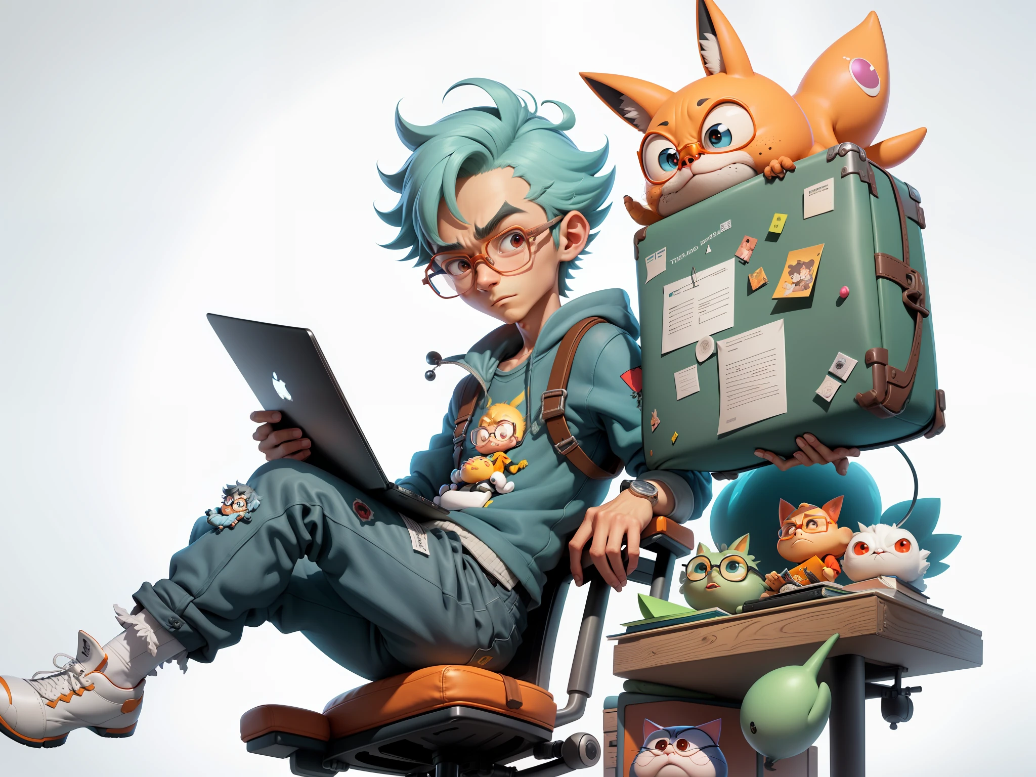 A young man with glasses sits at his desk,holding laptop,digitial painting,3D character design by Mark Clairen and Pixar and Hayao Miyazaki and Akira Toriyama,4K HD illustration,Very detailed facial features and cartoon-style visuals。
